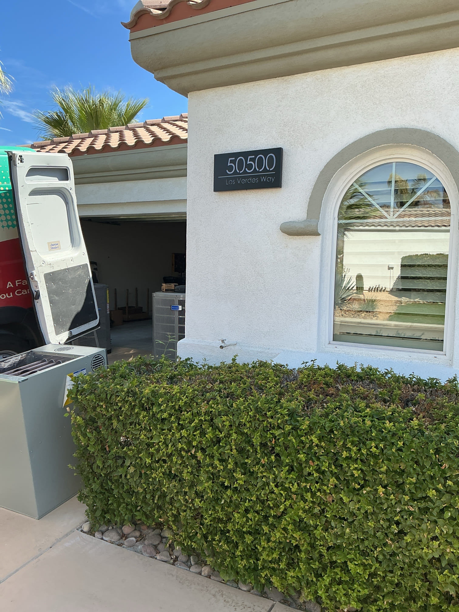 La Quinta, CA - >Installing 5 Ton Gold 17 Ultra Low Nox Horizontal Split System, 4 Ton American Standard Gold 17 horizontal Split Heat Pump System, 2 Ton 14 SEER Horizontal Split Heat Pump.relocated condensers and diagnosed issue with harness and fixed 