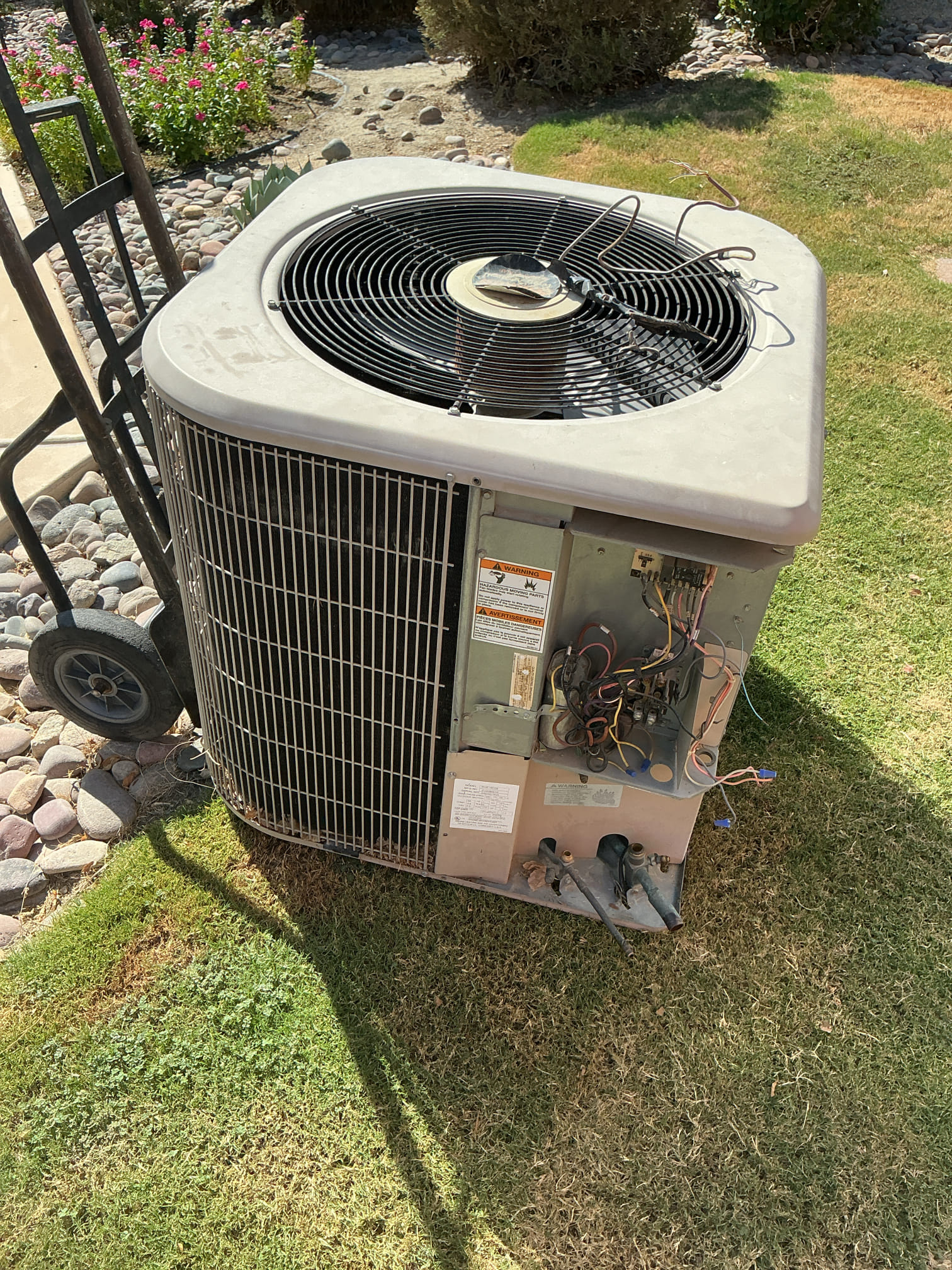 La Quinta, CA - >Installing 5 Ton Gold 17 Ultra Low Nox Horizontal Split System, 4 Ton American Standard Gold 17 horizontal Split Heat Pump System, 2 Ton 14 SEER Horizontal Split Heat Pump.relocated condensers and diagnosed issue with harness and fixed 