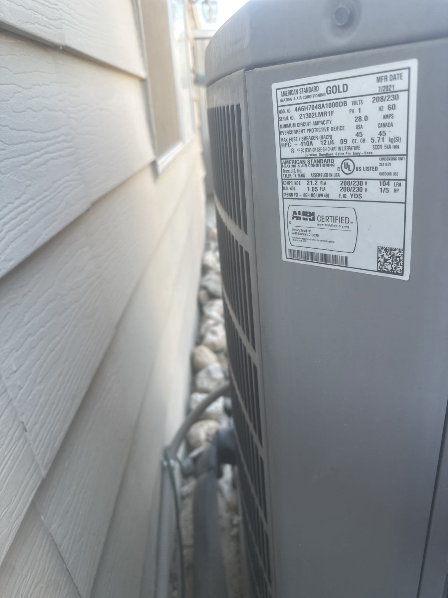 Performed cooling maintenance on a 2021 American Standard Gold system. Air handler is located in the outside closet. Replaced the 20 × 25 filter located in the filter rack and cleared the condensate line through the Jones valve, verifying proper drainage. Verified proper sequence of operation, checked system voltage and amperage, inspected capacitors, and checked the rectifier for second-stage cooling. Verified refrigerant performance and obtained temperature splits. Cycled equipment through operation, washed the condensing coil, and verified thermostat operation. At this time, the system is within manufacturer specifications, cooling, and operating properly. Renewed annual comfort plan with member.