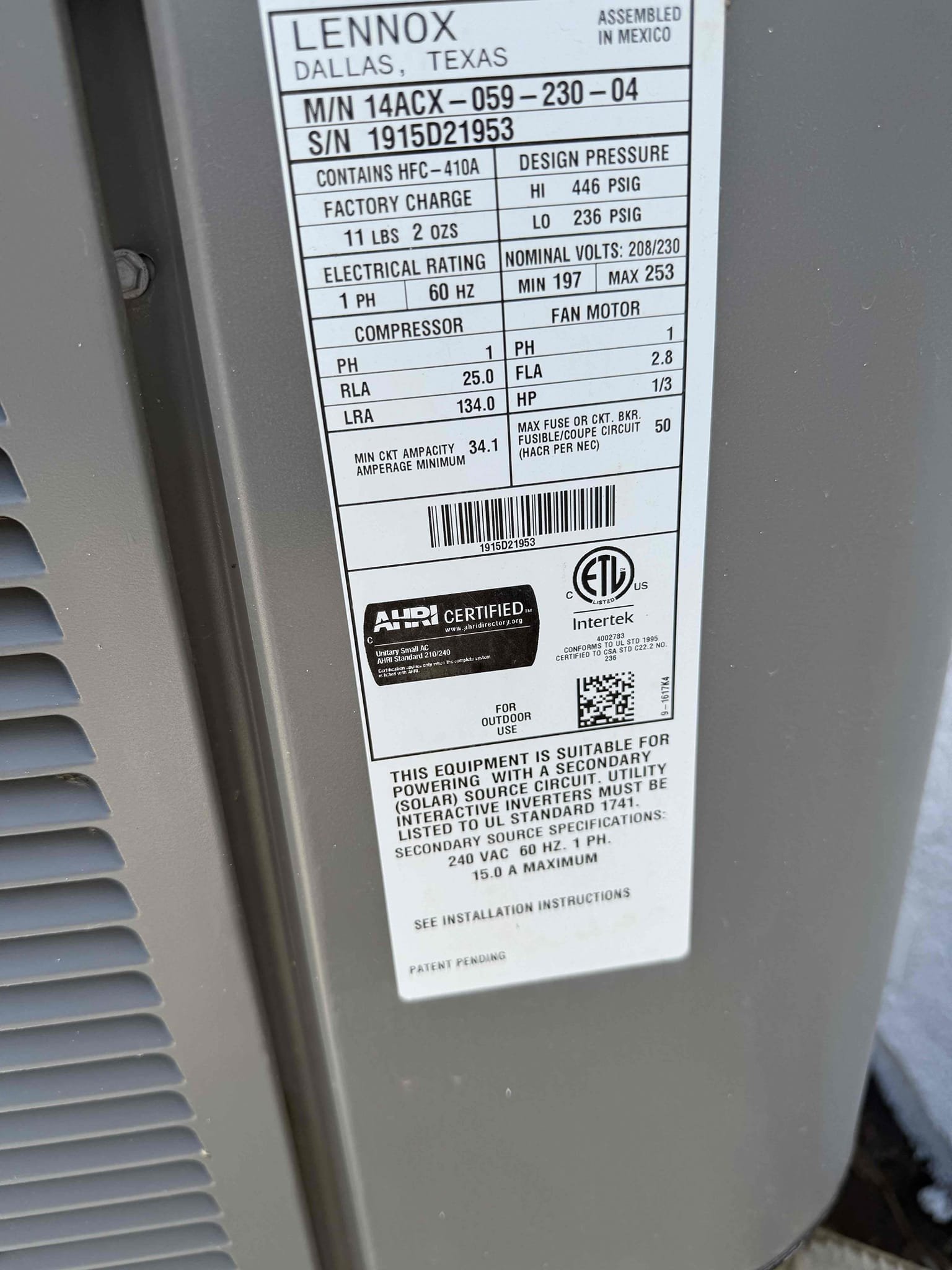 La Quinta, CA - Homeowners just got home, moved in and that’s when they noticed it wasn’t cooling properly. New Nest thermostat set for 76° and reading 84°. Checked and all loads were operational, all motors running. Checked refry charge and found numbers very off with high superheat and normal/high subcool indicating a restriction. No temp issue across filter drier. Tested txv at garage evaporator coil and was able to temporarily open txv valve and refrigerant numbers were to specs now. Also had noisy ceiling return with very dirty filter, garage Lennox furnace has a filter rack. Informed them they only need one filter and to use the garage filter rack. Unit is 2015. Removed dirty ceiling filter, low airflow was also causing moisture in plenum. Signed up on Hyde’s maintenance plan for savings on today’s call, txv repair. And 2x maintenance visits and many other benefits on brochure I left with them. Will get part Monday and get with office to schedule repair 1.5 hour job. Getting 20° split now. 