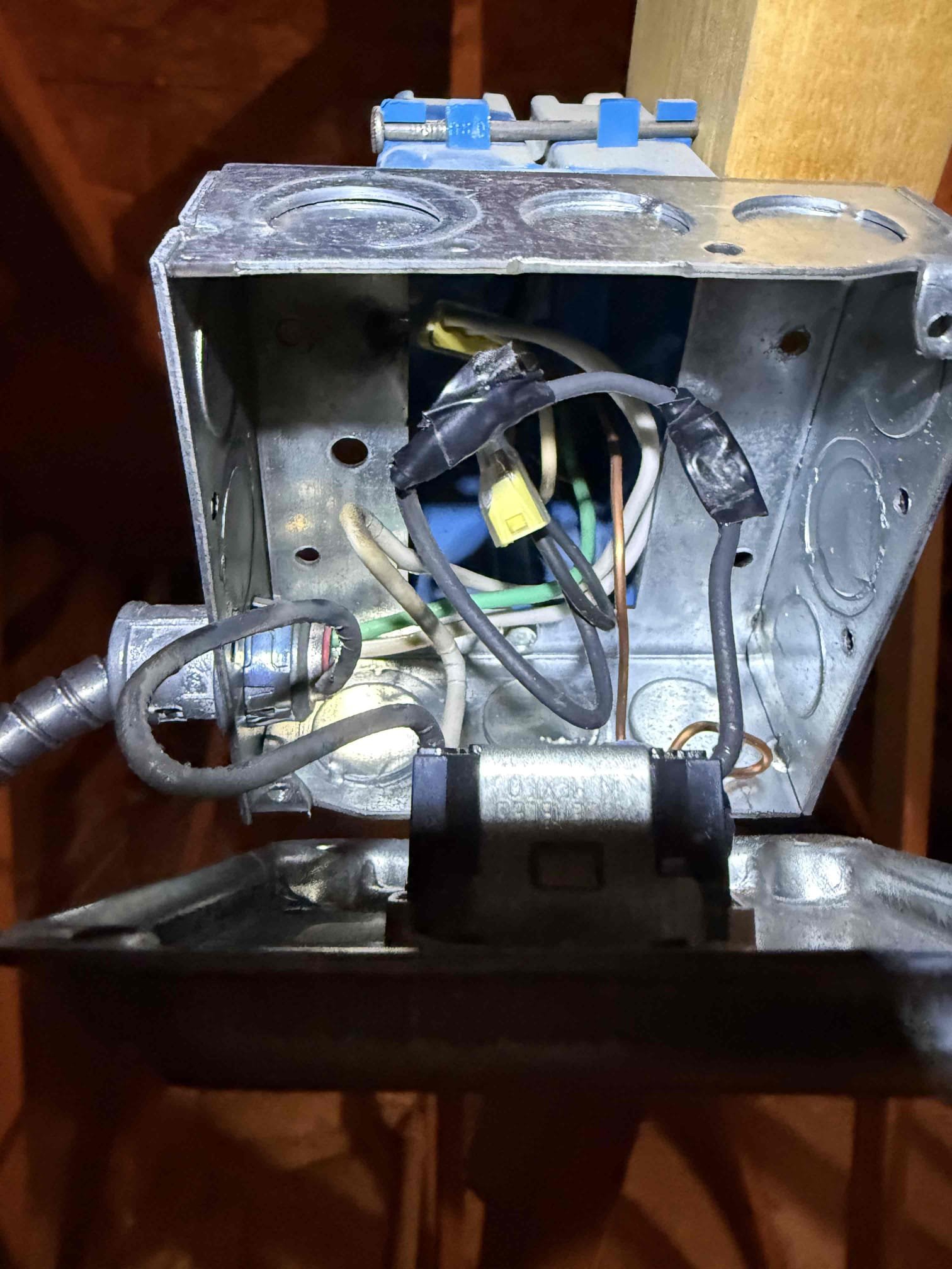 La Quinta, CA - Homeowner spoke with Honeywell and they had him check sub panel and he found 15 amp fau breaker tripped, after he reset it and put thermostat back on it worked. System is cooling properly, 23° split. Total amps 8 for fau. Float switch not engaged and jones valve properly open. Ch3cjed all high voltage wiring and found la Quinta code electrical power box with switch had bare copper from wire stripper. And burn marks on metal panel box. I do not carry this gauge wire or any electrical components for outlet. I covered all bare sections with electrical tape and made all wire nuts verified tight and secure. I will get with Shelli (electrical department) Monday morning (9/14) about resolving. Panel had 4 fau breakers, one labeled for casita. Top fau breaker goes for den area thermostat, one under for Hyde’s fau. Not sure how outlets daisy chain or are setup but it looks like they all have their own breaker and none are sharing, new fau electrical box wire goes into next fau outlet box then o