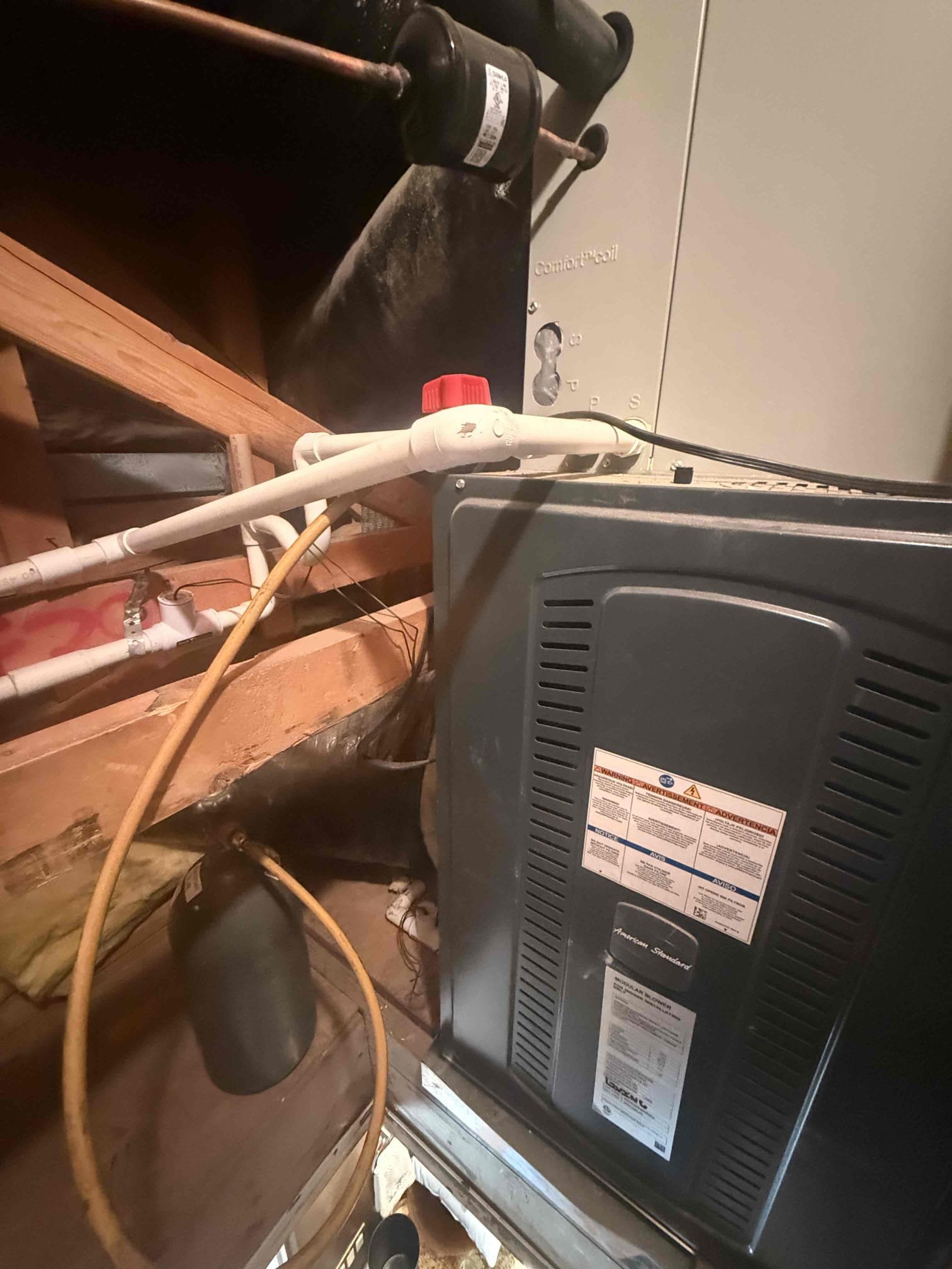 Performed annual cooling maintenance on 2) 2025 American Standard Platinum Heat pumps. Both upflow FAUs are located in guest bathroom attic access. Cleared condensation lines from jones valve. Replaced 4) 20x20 and 14x14 filters located through out the ceilings. Followed sequence of operations and checked voltage, amperage, temperature split, Freon levels, found no error codes on CDA, and rinsed condenser coils. Serviced ductless unit and rinsed washable filters. 1050 thermostats checked out operational. Both systems are working properly in cooling at this time of service.