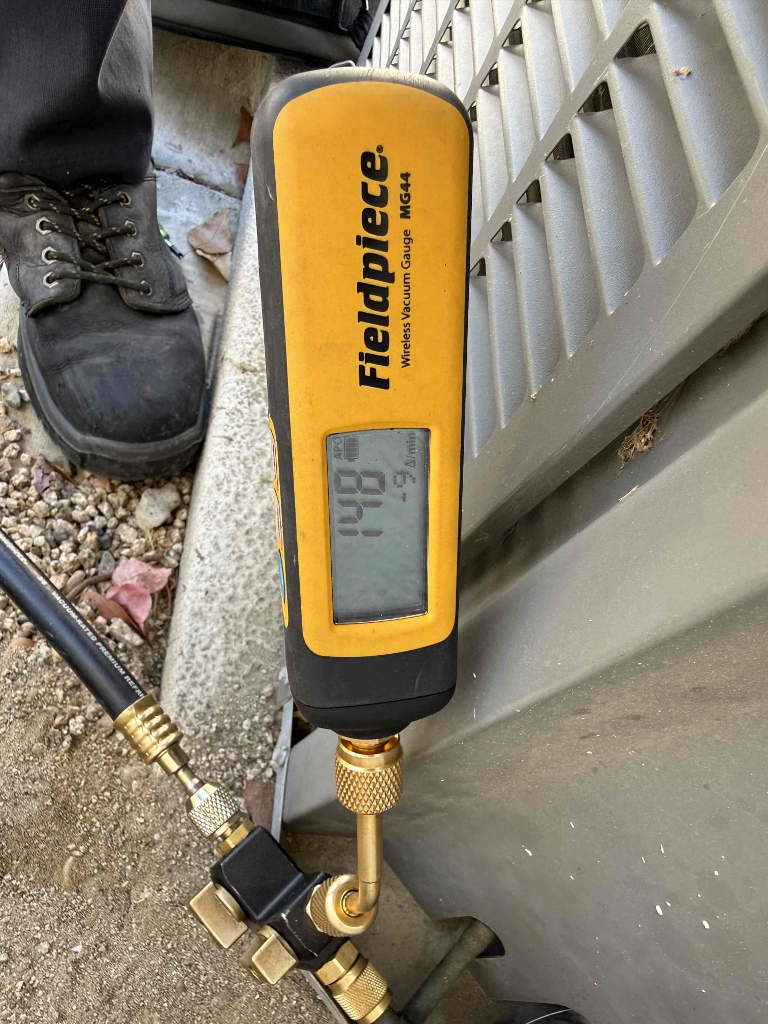 La Quinta, CA - Replaced txv for 5-ton Lennox. Pumped down system. After replacing txv I pressure tested, passed, no leaks. Pulled deep vacuum under 150 microns. Vacuum decay test passed. Reopened service valves and let system run for 10-15 and refrigerant pressures and numbers are to manufacture nameplate specs. 21° split. 2-year war warranty as Hyde’s Family Comfort Club members.