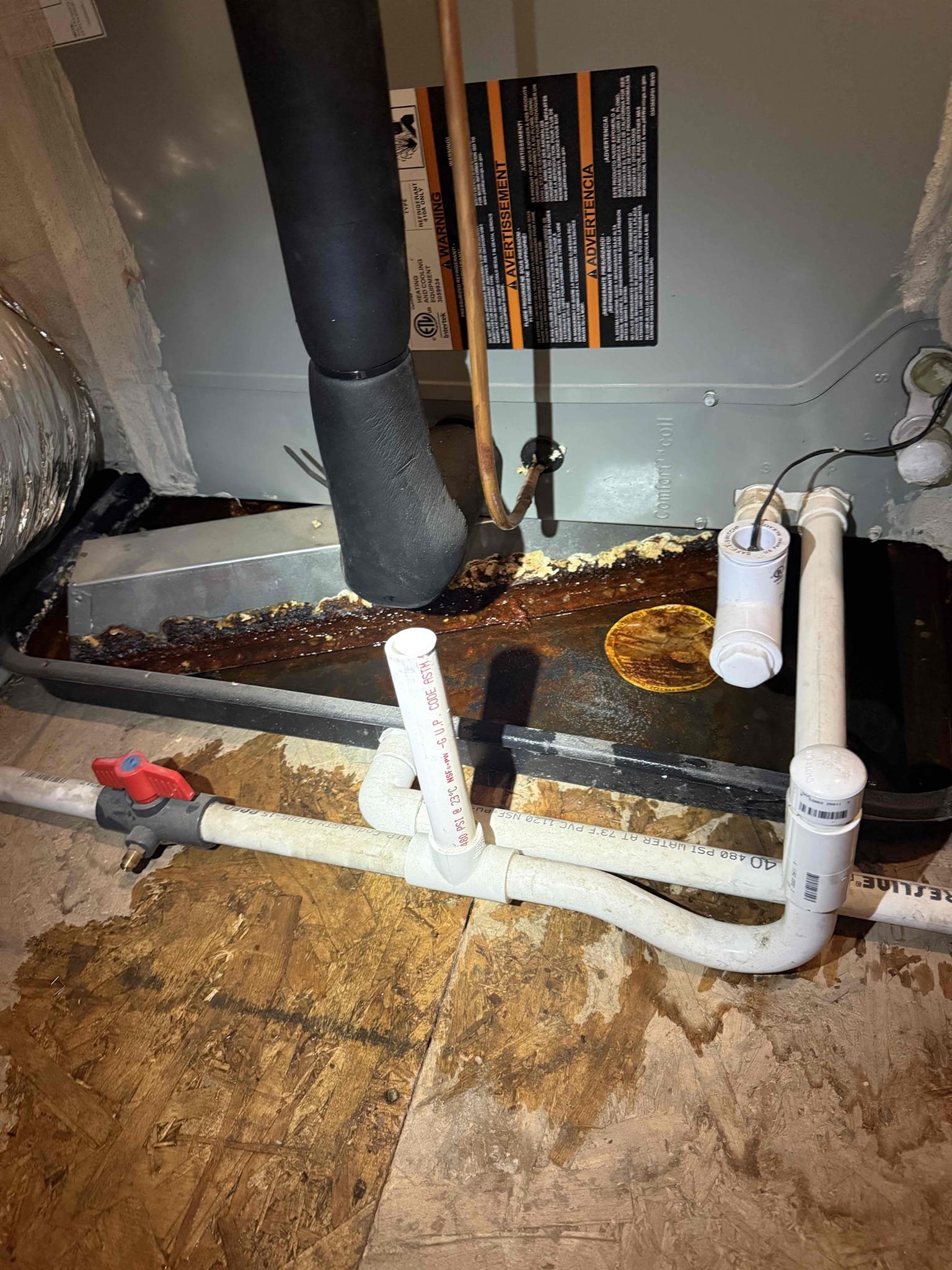 Home inspector during escrow stated that the condensation line had backed up and the pan needed to be vacuumed/replaced. Cleared condensation line. Verified and assured proper drainage. Vacuumed water out of pan. Added riser to primary line to be above water safety switch to allow proper drainage. Client signed estimate for new water safety pan. Will order and notify office to schedule once part is in hand. 