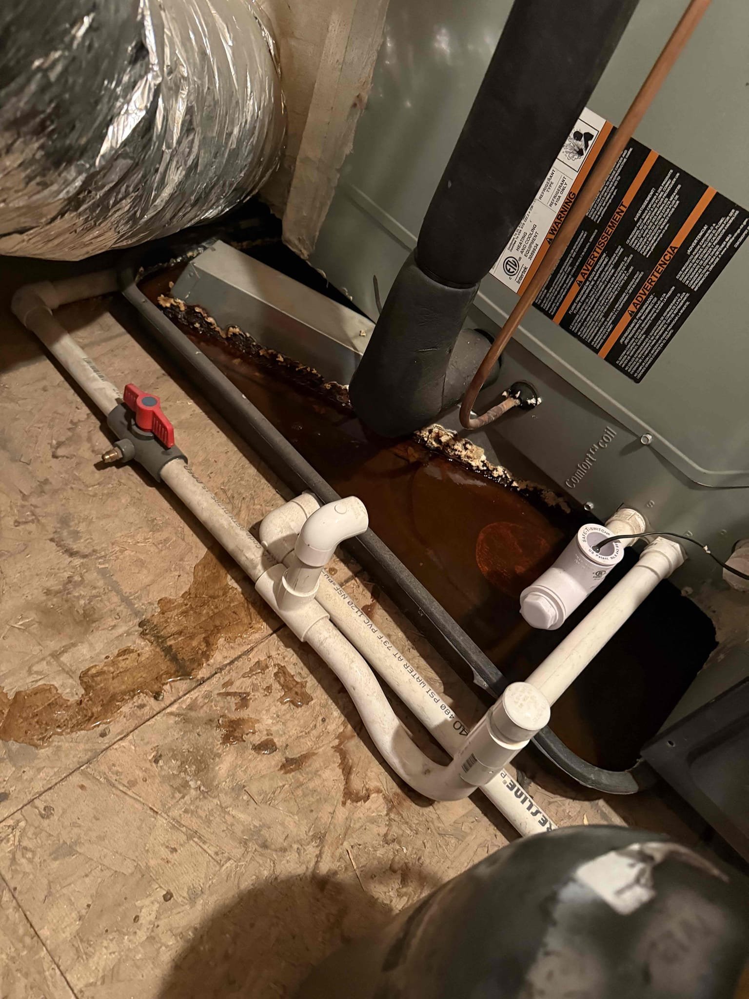Home inspector during escrow stated that the condensation line had backed up and the pan needed to be vacuumed/replaced. Cleared condensation line. Verified and assured proper drainage. Vacuumed water out of pan. Added riser to primary line to be above water safety switch to allow proper drainage. Client signed estimate for new water safety pan. Will order and notify office to schedule once part is in hand. 