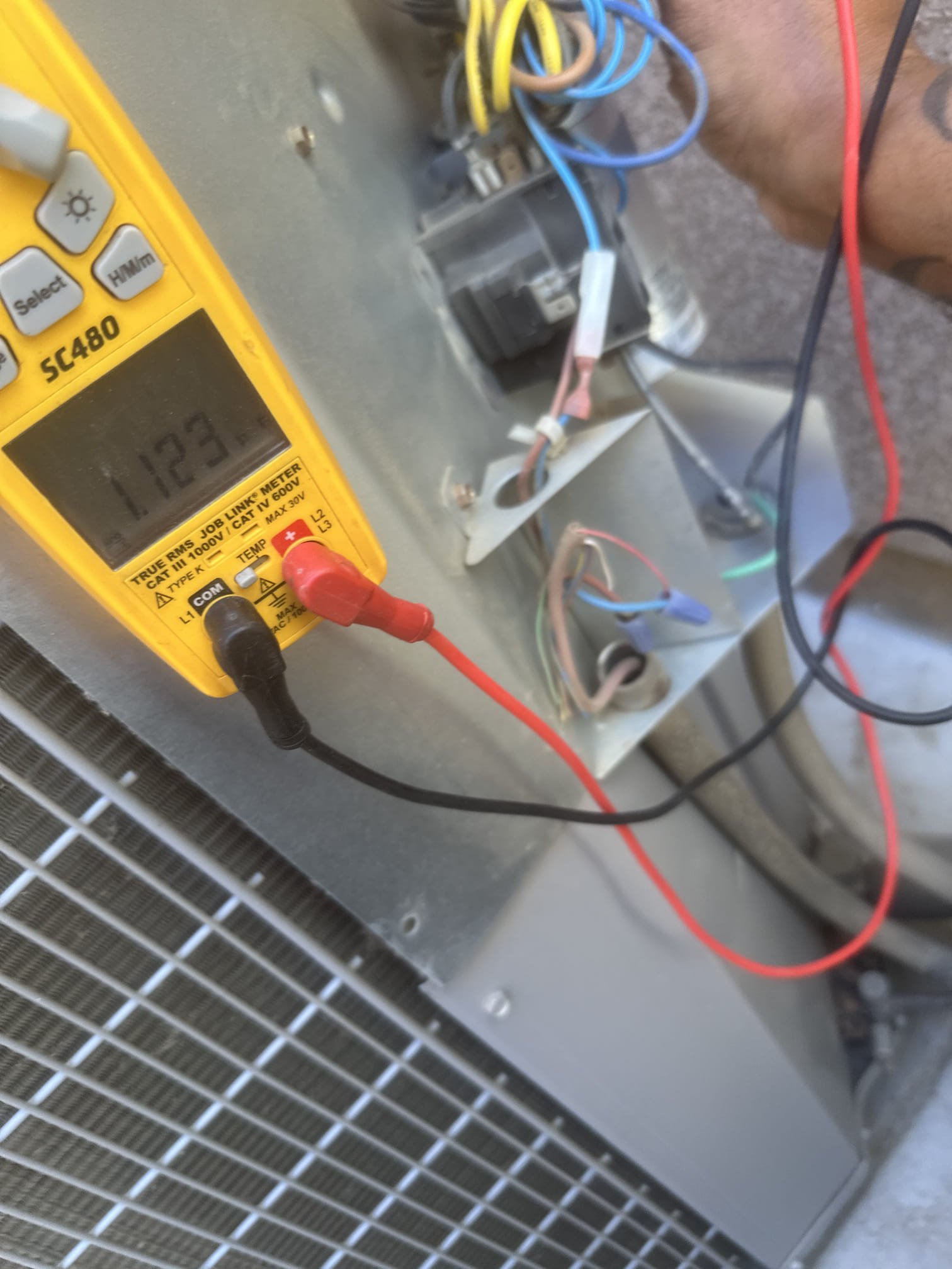 Upon arrival, members stated that after experiencing a power surge, the outdoor unit was no longer operating while the indoor equipment continued to run. Equipment is a 2014 system, model CA13NA048-C, serial 4014X68040. Began diagnosis and found the contactor engaged; however, no line voltage was being supplied to the outdoor equipment. Traced the electrical supply and found the 40-amp condenser breaker tripped. Breaker was reset and proper 240-volt power supply was verified before continuing operation. Further electrical inspection found the 60/5 µF dual-run capacitor out of manufacturer specifications, with the compressor side testing approximately 49.77 µF. Replaced the 60/5 µF capacitor and cycled the system. After repairs, verified proper condenser operation and checked electrical components and operating amperages. Condenser fan motor measured approximately 1.24 amps against a 1.40 FLA rating, and compressor amperage was within the equipment’s rated specifications. System was cyc