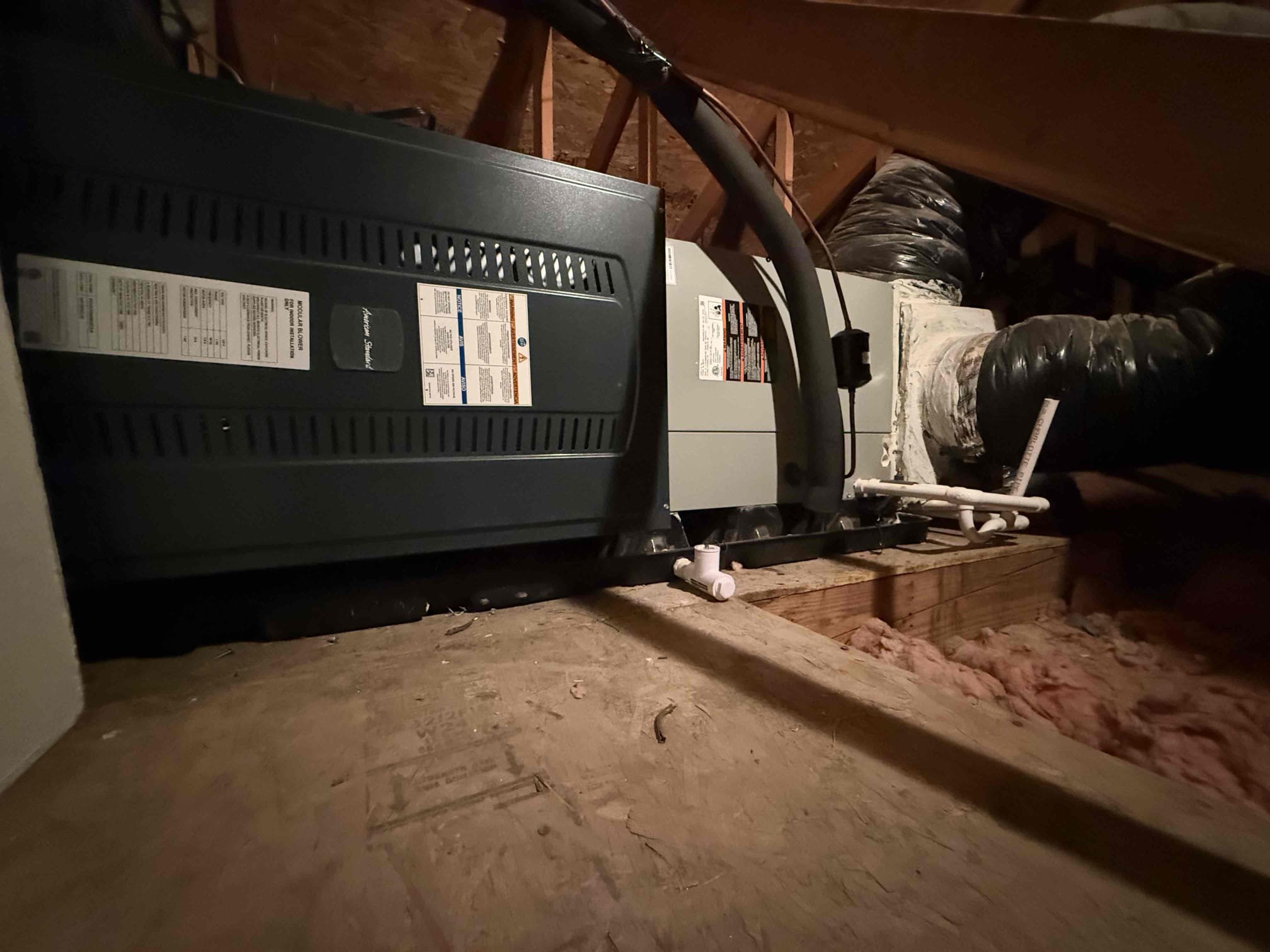 Performed annual cooling maintenance on a 2024 American Standard Platinum 5ton heat pump. Fau is located in master closet attic access. Cleared condensation line from jones valve. Replaced 20x30 filter located in hallway. Followed sequence of operations and checked voltage, amperage, temperature split, Freon levels, found no error codes on CDA, and rinsed condenser coils. Client declined having ductless unit serviced. 1050 thermostat checked out operational. System is cooling properly at this time of service. 