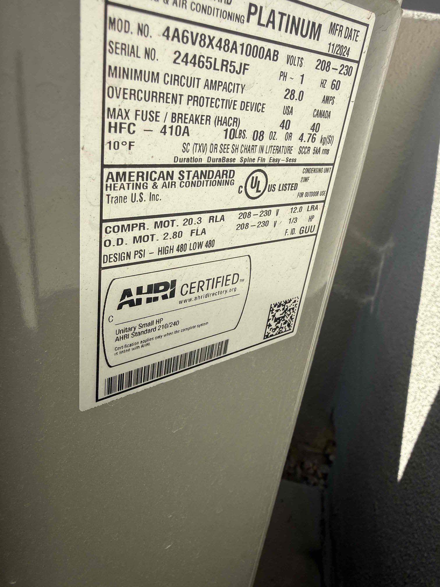 Performed indoor & outdoor safety maintenance check on 2) 2024 American Standard Platinum and Silver units. Both upflow FAUs are located in the garage. Replaced 20x25 and 16x25 filters located in filter racks. Cleared condensation line from jones valves. Followed sequence of operations and checked voltage, amperage, capacitor, temperature split/rise, Freon levels, found no error codes on CDA, and secured electrical connections. 

Client stated office not getting enough airflow, cycled units in cooling at 100% demand. Verified equipment is set up for the correct CFMs at POVs. Office is getting proper airflow, no indication of any issues, attic access is located in master closet. Curved type register partially closed, opened register and informed of possible bar type register so airflow is pointing in one direction. Client declined new register, stated air flow feels better. Both thermostats checked out operational. Both systems are working properly at this time of service. 