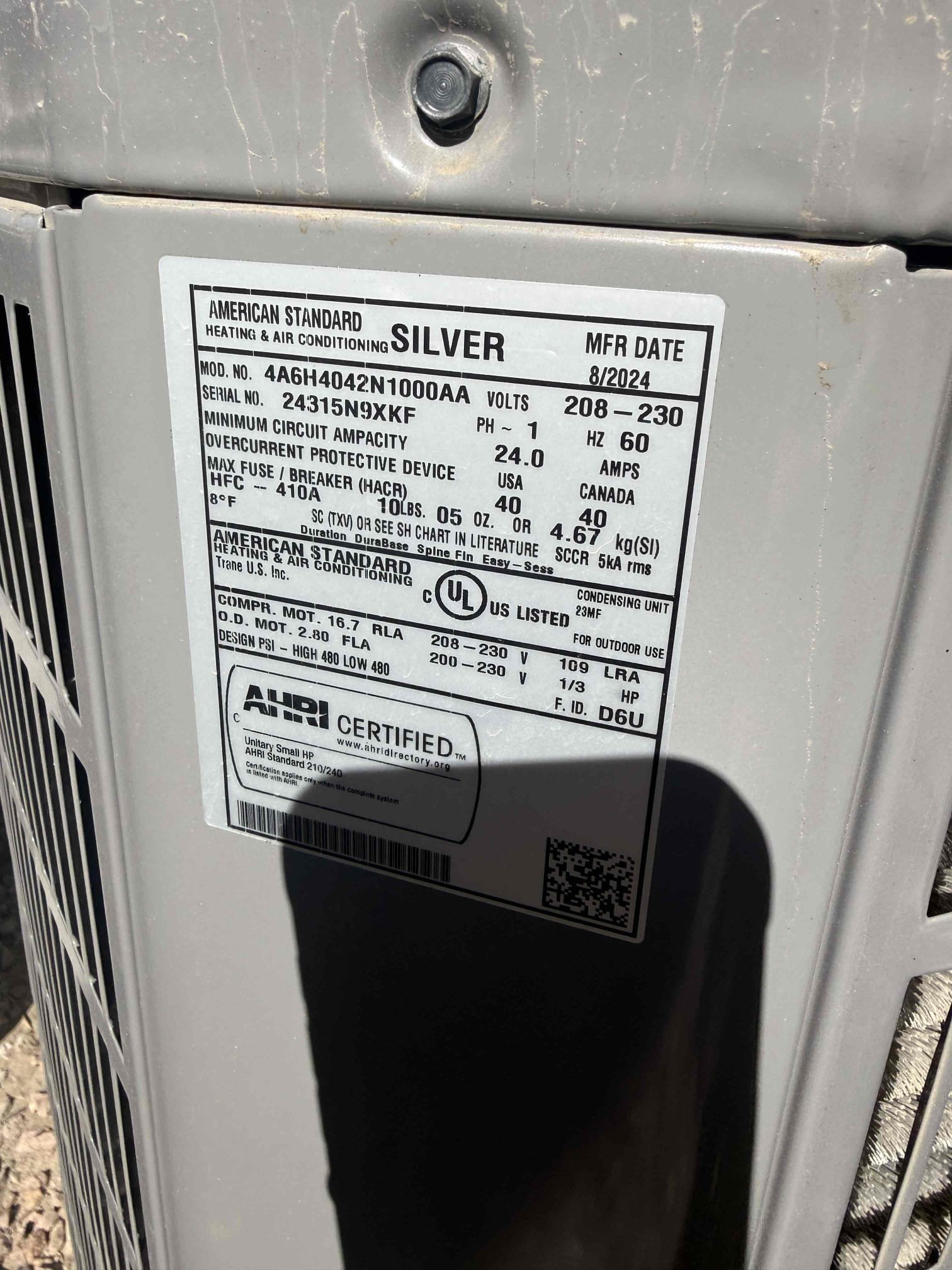 Performed indoor & outdoor safety maintenance check on 2) 2024 American Standard Platinum and Silver units. Both upflow FAUs are located in the garage. Replaced 20x25 and 16x25 filters located in filter racks. Cleared condensation line from jones valves. Followed sequence of operations and checked voltage, amperage, capacitor, temperature split/rise, Freon levels, found no error codes on CDA, and secured electrical connections. 

Client stated office not getting enough airflow, cycled units in cooling at 100% demand. Verified equipment is set up for the correct CFMs at POVs. Office is getting proper airflow, no indication of any issues, attic access is located in master closet. Curved type register partially closed, opened register and informed of possible bar type register so airflow is pointing in one direction. Client declined new register, stated air flow feels better. Both thermostats checked out operational. Both systems are working properly at this time of service. 
