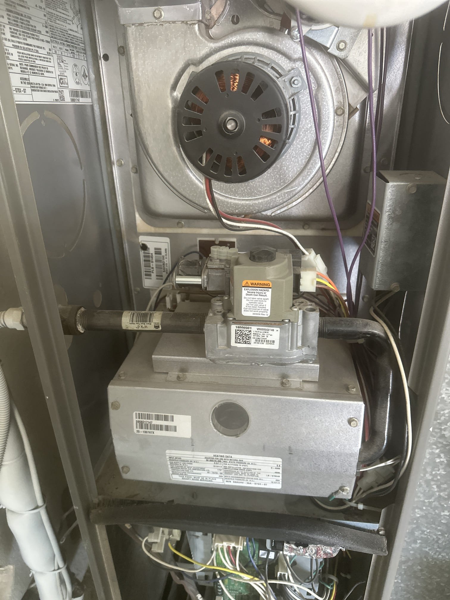 Two-System Indoor Equipment Maintenance & Safety Check

Performed scheduled indoor equipment maintenance and safety checks on both systems.

System 1 – Lennox Indoor Equipment

* Manufacture Year: 2008
* Model: G60UHV-36A-070X-07
* Serial Number: 5908D17147
* Cooling Temperature Split: 25°F

System 2 – Lennox Indoor Equipment

* Manufacture Year: 2010
* Model: SL280UH090V60C-01
* Serial Number: 5910H13158
* Heating Temperature Rise: 53.9°F (62.6°F return / 116.5°F supply)

Maintenance and Safety Inspection Performed: Replaced customer-supplied air filters on both systems. Cycled equipment and verified proper heating operation, including monitoring burner operation and measuring temperature rise. Verified cooling temperature split on System 1. Inspected inducer draft motors and checked their capacitors. Cleared electrical components, burner compartments, and equipment platforms of accumulated dust and debris. Cleared condensate drain lines and verified proper operation of water safety s