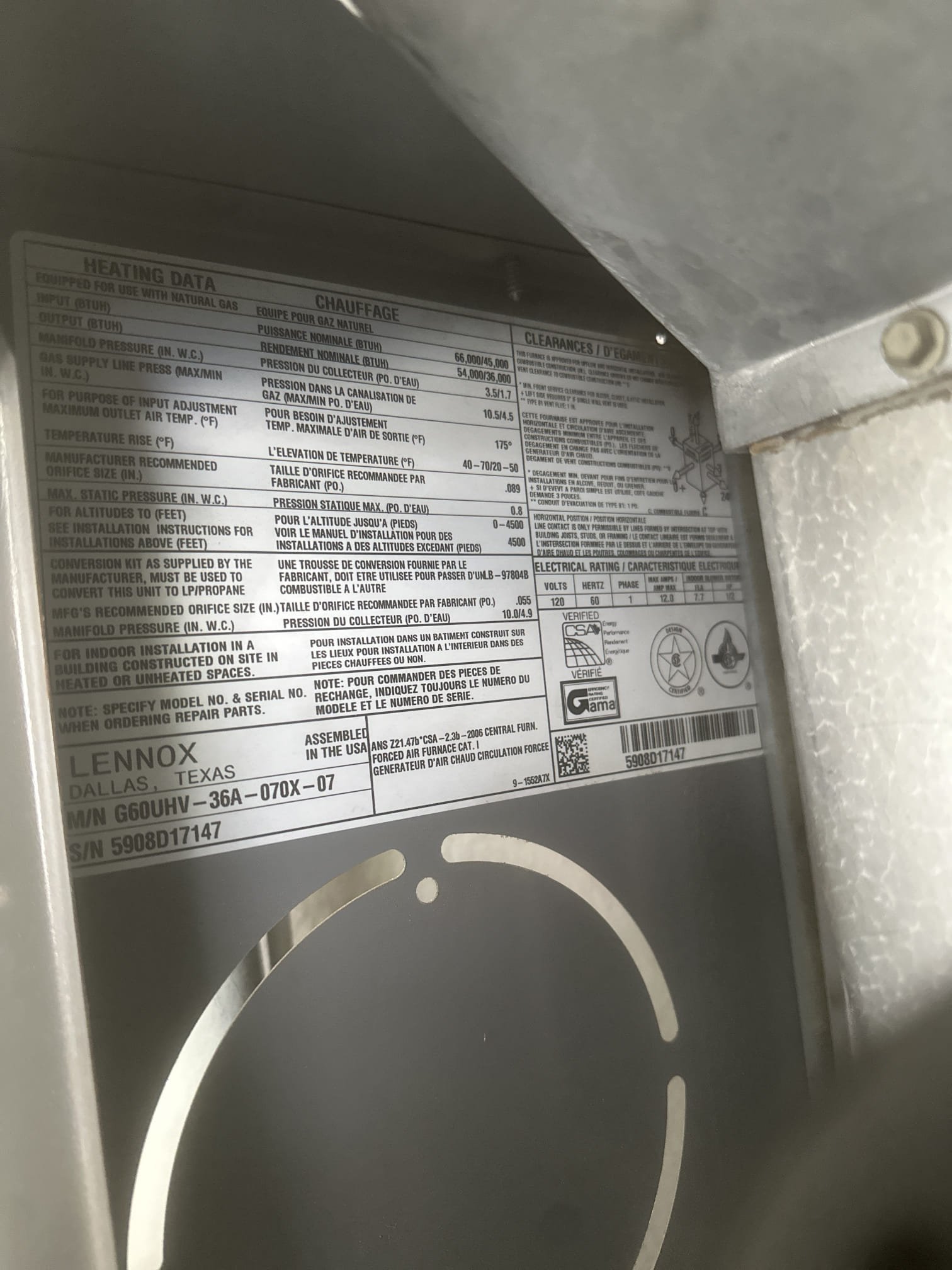 Two-System Indoor Equipment Maintenance & Safety Check

Performed scheduled indoor equipment maintenance and safety checks on both systems.

System 1 – Lennox Indoor Equipment

* Manufacture Year: 2008
* Model: G60UHV-36A-070X-07
* Serial Number: 5908D17147
* Cooling Temperature Split: 25°F

System 2 – Lennox Indoor Equipment

* Manufacture Year: 2010
* Model: SL280UH090V60C-01
* Serial Number: 5910H13158
* Heating Temperature Rise: 53.9°F (62.6°F return / 116.5°F supply)

Maintenance and Safety Inspection Performed: Replaced customer-supplied air filters on both systems. Cycled equipment and verified proper heating operation, including monitoring burner operation and measuring temperature rise. Verified cooling temperature split on System 1. Inspected inducer draft motors and checked their capacitors. Cleared electrical components, burner compartments, and equipment platforms of accumulated dust and debris. Cleared condensate drain lines and verified proper operation of water safety s