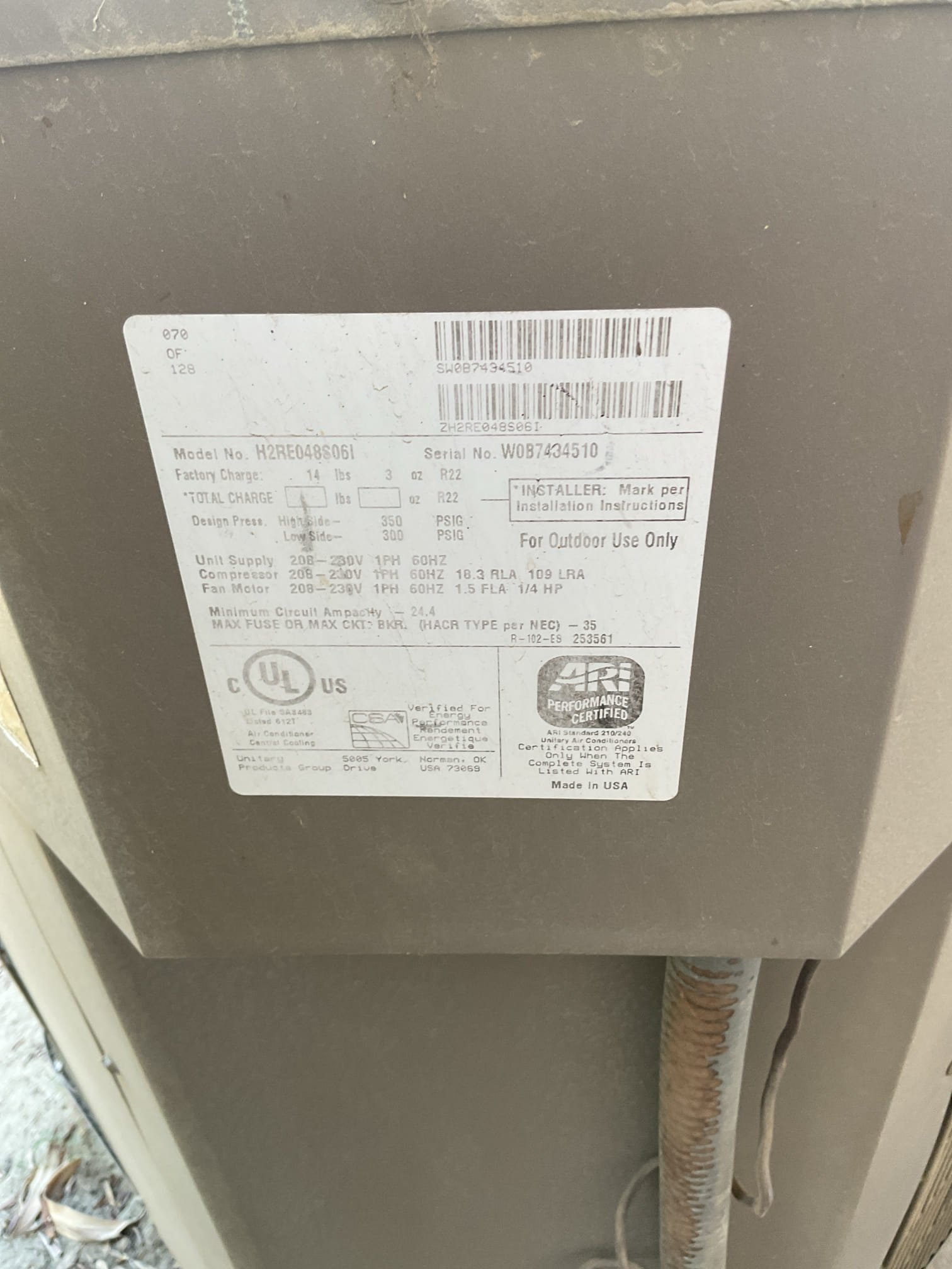 Performed annual AC maintenance on 2007 York split system FAU located in outside closet. Changed 16 x 25 by one filter. Checked amps, volts, capacitor, and start kit also cleaned electrical compartment. Checked , refrigerant levels, super heat, subcool and temperature split. Flush condensation line at FAU and washed condenser coil. Found all electrical components and refrigerant levels to be within manufactured specifications. System is operating and cooling properly at time of service.