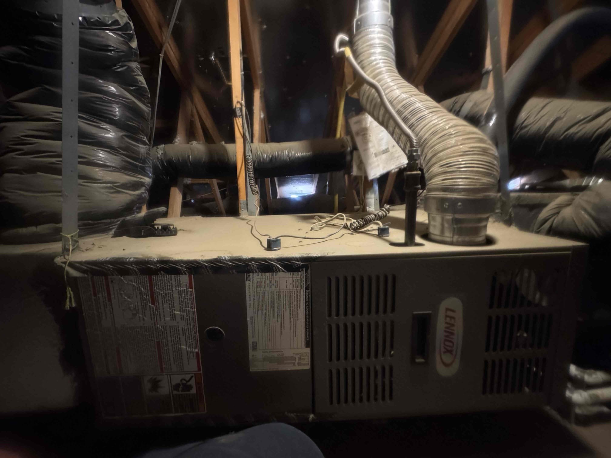 Maintenance on a Lennox 3 ton horizontal split system. 18 x 30 filter in hallway and 14 x 14 in master bedroom. Attic access located in master bedroom closet. Condensation line cleared filter changed. Honeywell thermostat working properly. Check system sequence of operation. Verified all electrical and safety. Checked amperage draw, checked inducer fan motor, check 24 V on gas valve, checked pressure switch, checked flame sensor and igniter. System is working per manufacture spec. System is working properly. 