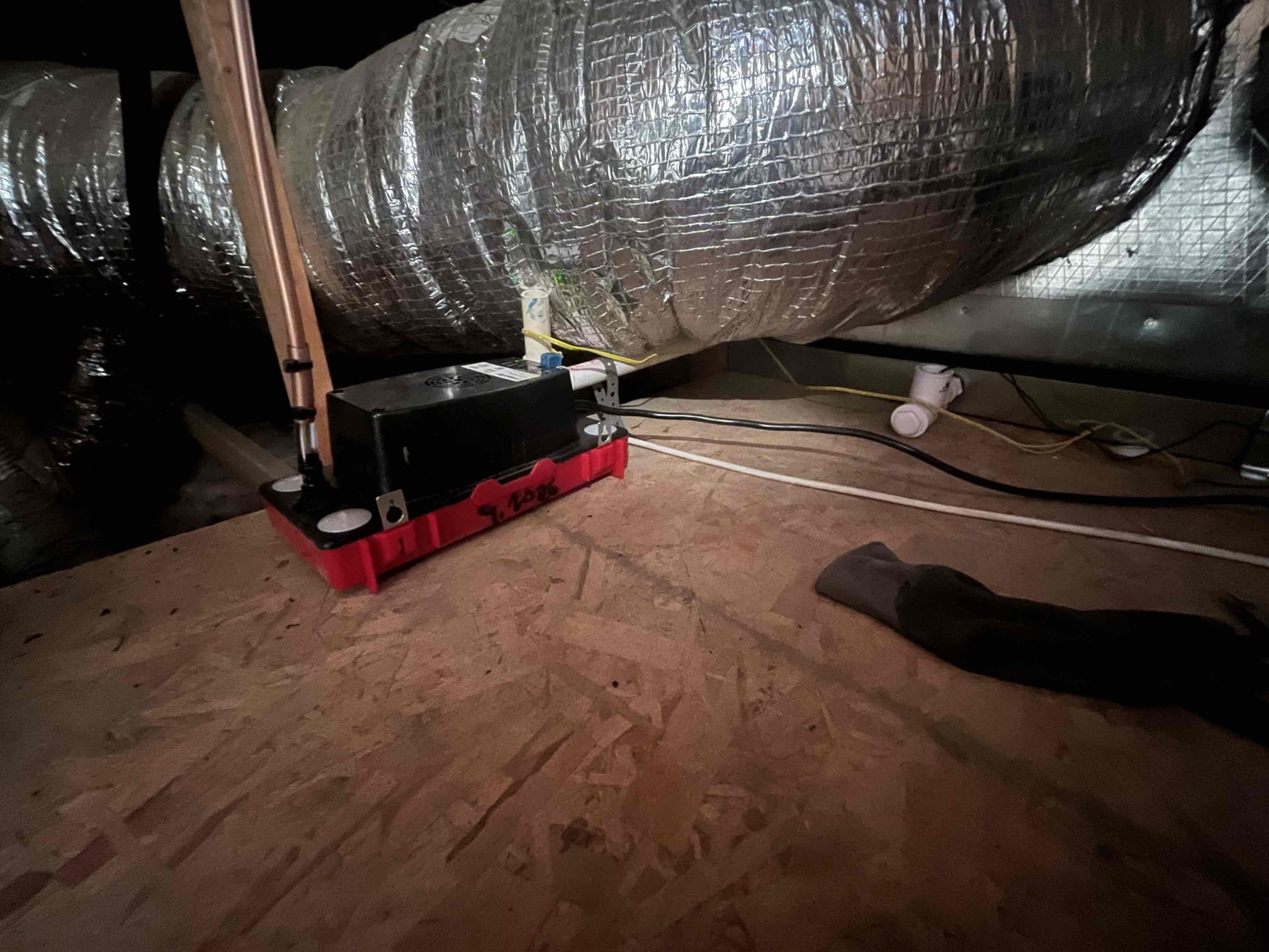 🛠️💧 **FAU SN: **07305
Demand Service – Condensation Issue

Upon arrival, client directed me to the bathroom where condensation was coming through the ceiling.

Inspected attic and found the condensation safety pan full of water. Client advised she has experienced condensation issues previously.

📝 Recommendation
Recommended installing a condensation pump to help prevent recurring drainage issues. Client approved.

🔧 Completed Work
• Vacuumed water from safety pan
• Rewired water safety switch and condensation pump
• Tested pump operation and drainage

✅ System is now draining properly and operating as expected.