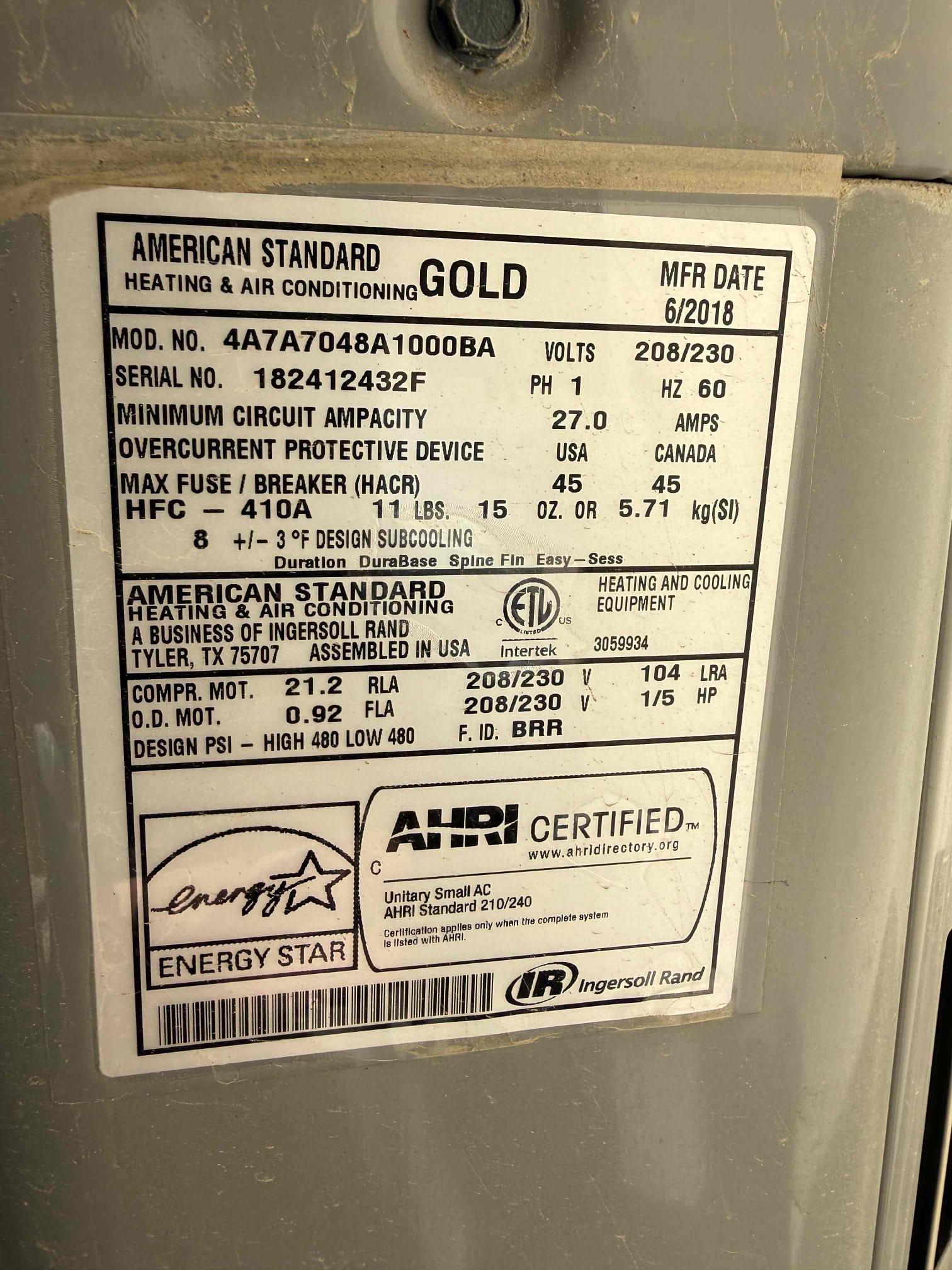 La Quinta, CA - Bedroom unit (2018 AS #432F) has a failed/swollen dual run capacitor. Replaced capacitor under part warranty, labor warranty expired). Found compressor starting amps well above manufacturer specifications. Recommended adding a hard start kit to lower the starting amps, prolonging the life of the compressor motor. Homeowner to advise, quote for hard start kit attached with this invoice). System is up and cooling properly now (22° temperature split).