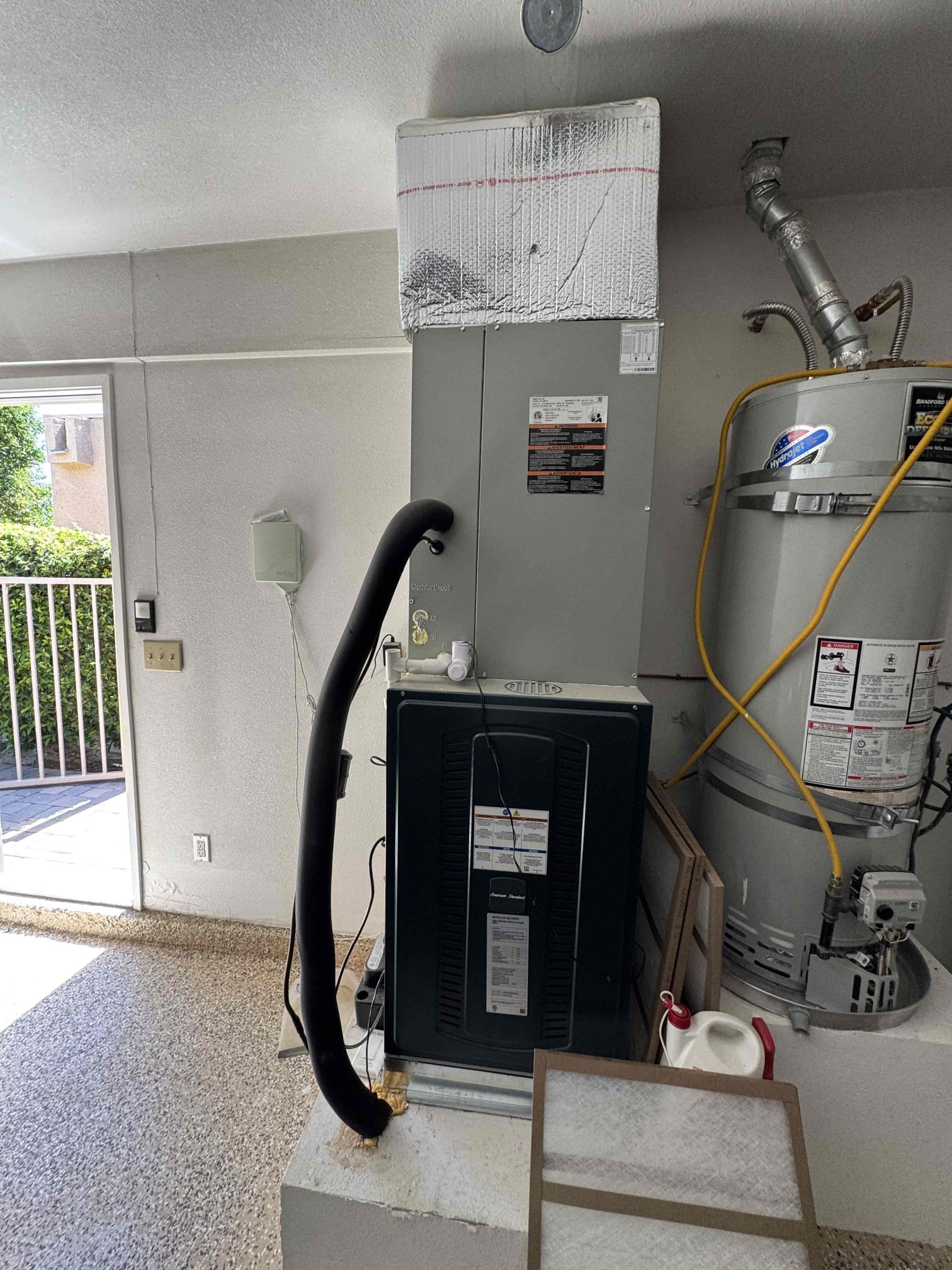 Maintenance on an American Standard silver series 3.5 ton upflow heat pump. FAU located in garage 20 x 25 filter located at FAU. Condensation pump working and filter changed. Emerson thermostat working properly. Check system sequence of operation. Verified all electrical and safety. Checked compressor amps, checked fan motor amps, check, capacitor, checked fees and disconnect box, checked Freon and temperature split. Washed outdoor unit down. System is working per manufacture spec. Home is cooling properly.