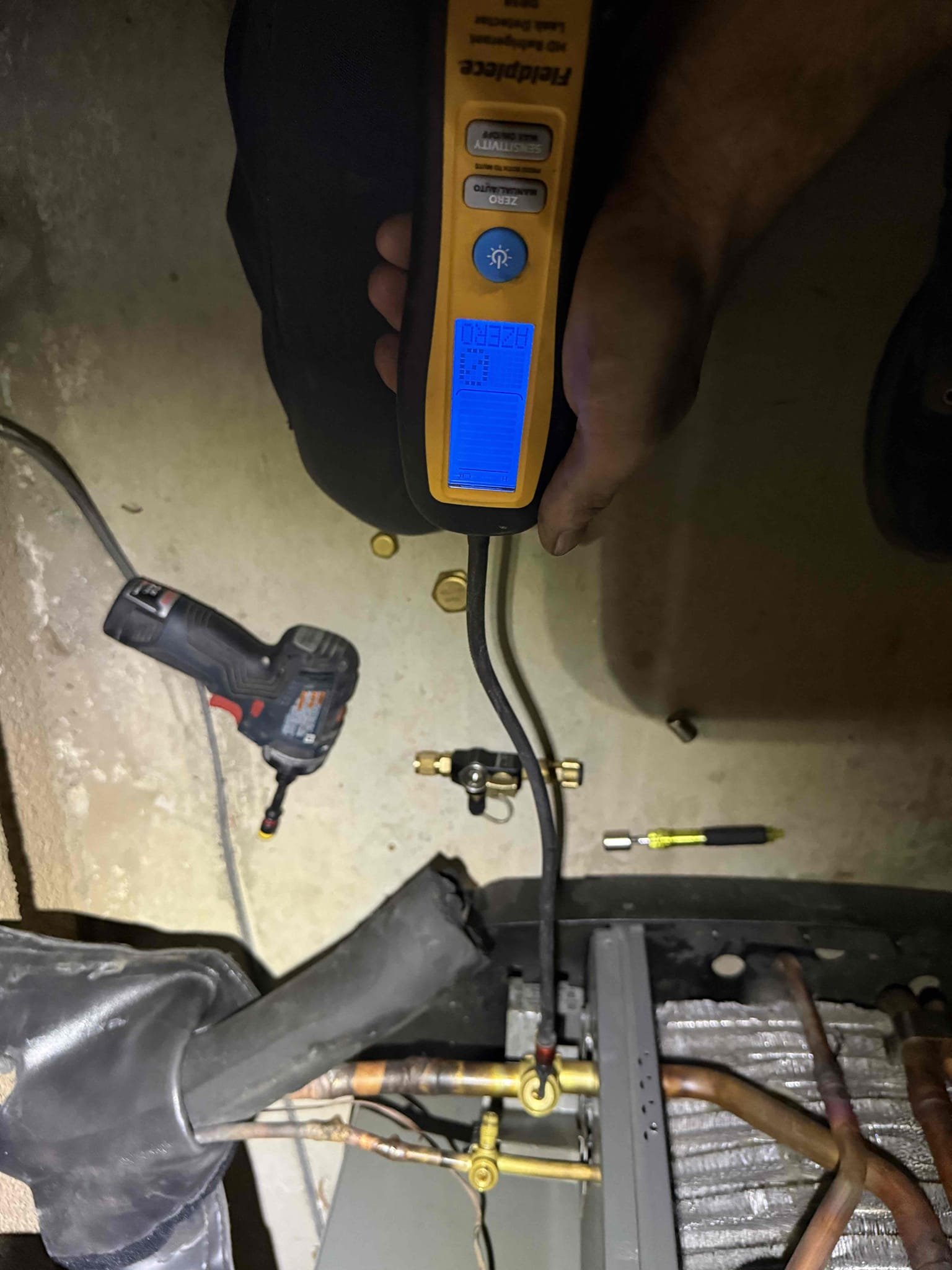 System had all loads operational but 85° in home and set for 80°. System needed a little refrigerant. Balanced charge and system pressures, superheat, subcool (8°) and temperature split (23°) were good and system is cooling properly now. Replaced a couple schrader cores. Checked for oil and then checked condenser all around service valves, and reversing valve side for any leaks. Took videos and photos on file. Notea