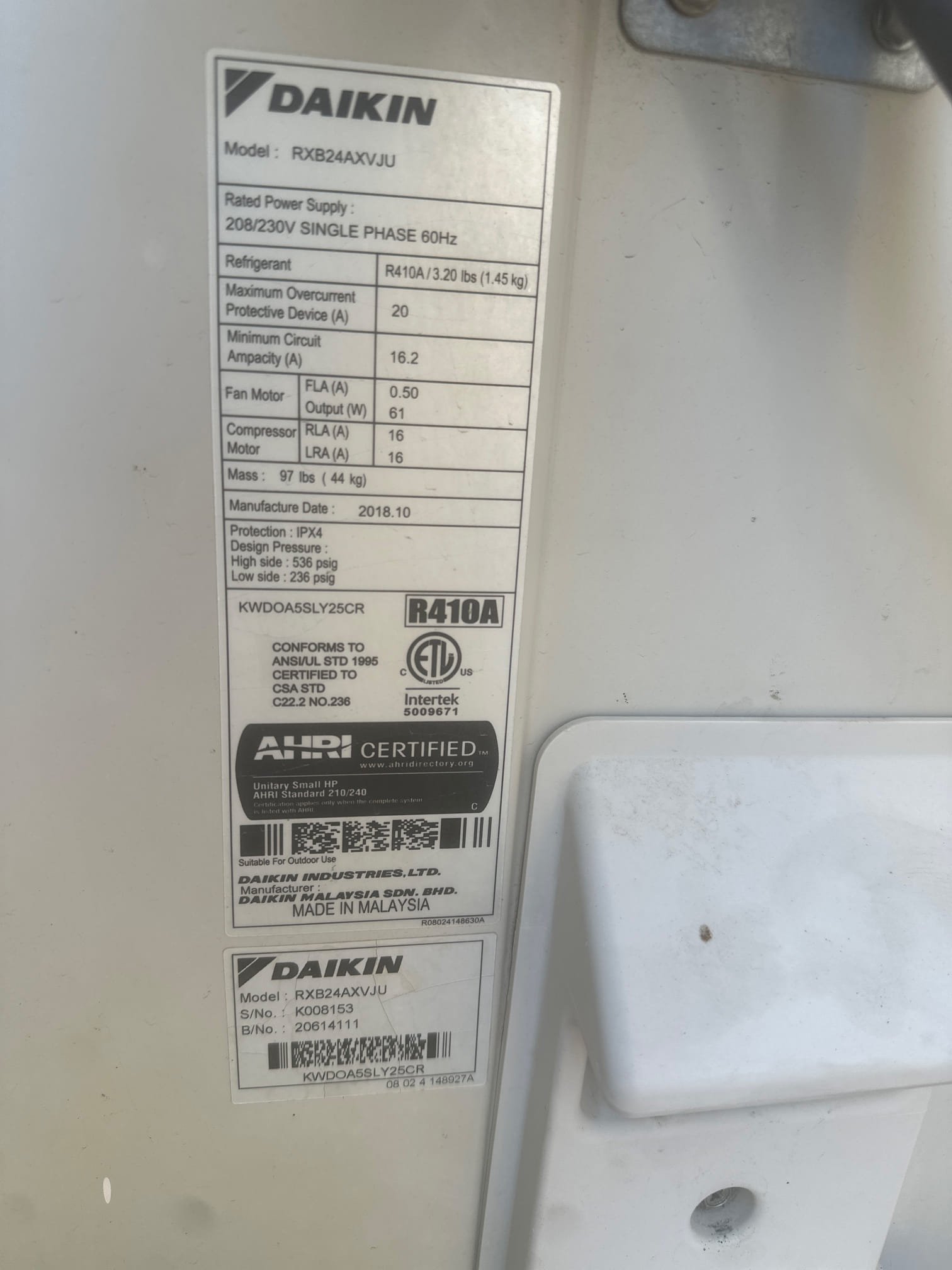 Demand Service Call – Daikin Outdoor Equipment
Equipment Information
Manufacturer: Daikin
Model: RXB24AXVJU
Serial Number: K008153
Manufacture Date: October 2018
Refrigerant: R-410A
Service Findings and Diagnosis:
Upon arrival, found equipment not operating due to a tripped breaker. Reset breaker and cycled power to equipment. Upon further inspection, found outdoor equipment energized and operational; however, the condenser fan motor was not operating.
Verified proper voltage being supplied to the condenser fan motor and confirmed the motor was seized and requires replacement.
Repair Recommendations:
Will contact Daikin to verify availability of the replacement condenser fan motor and obtain an estimated delivery timeframe. Once part availability and lead time are confirmed, an estimate will be provided to the member for review and approval. Upon approval, the office will coordinate scheduling for the necessary repairs.
Equipment is not operating properly at this time due to the failed