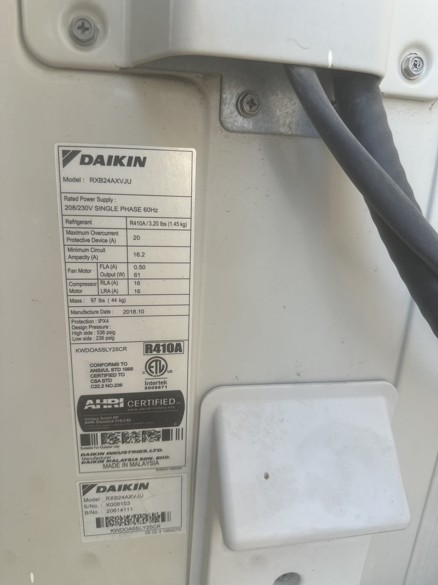 Demand Service Call – Daikin Outdoor Equipment
Equipment Information
Manufacturer: Daikin
Model: RXB24AXVJU
Serial Number: K008153
Manufacture Date: October 2018
Refrigerant: R-410A
Service Findings and Diagnosis:
Upon arrival, found equipment not operating due to a tripped breaker. Reset breaker and cycled power to equipment. Upon further inspection, found outdoor equipment energized and operational; however, the condenser fan motor was not operating.
Verified proper voltage being supplied to the condenser fan motor and confirmed the motor was seized and requires replacement.
Repair Recommendations:
Will contact Daikin to verify availability of the replacement condenser fan motor and obtain an estimated delivery timeframe. Once part availability and lead time are confirmed, an estimate will be provided to the member for review and approval. Upon approval, the office will coordinate scheduling for the necessary repairs.
Equipment is not operating properly at this time due to the failed