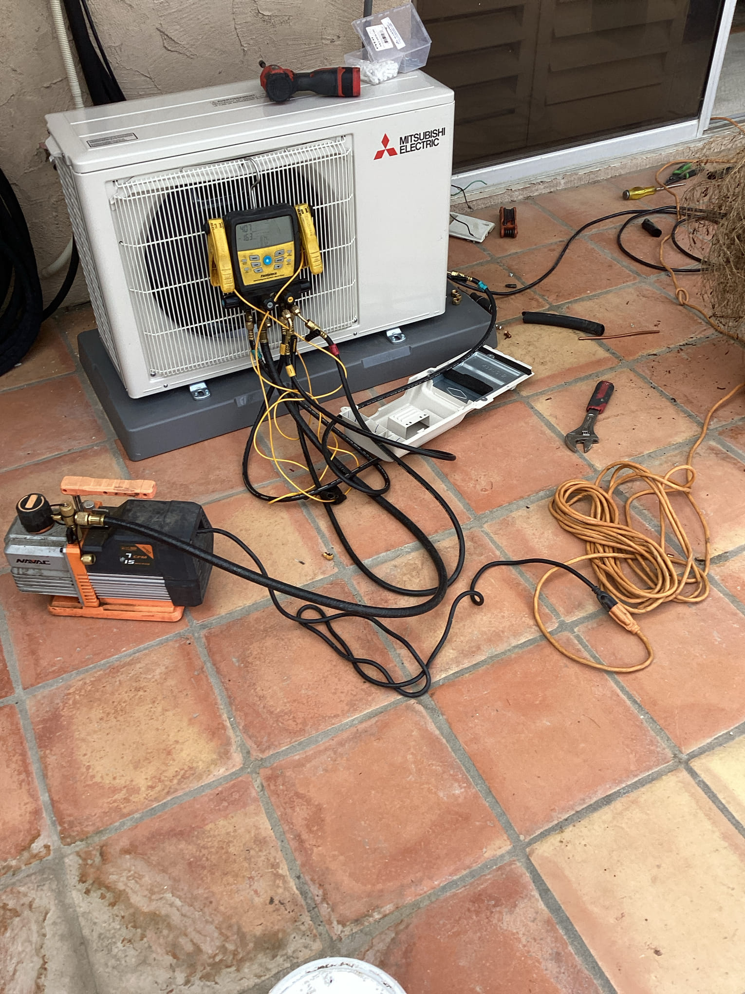 Installed a 1 ton Mitsubishi 18 seer ductless for the bedroom. Remove old ductless, Install indoor unit a little move to the right and use short line set cover in the bedroom. Set outdoor unit on a pad in the same location new line set , reuse line set cover. 