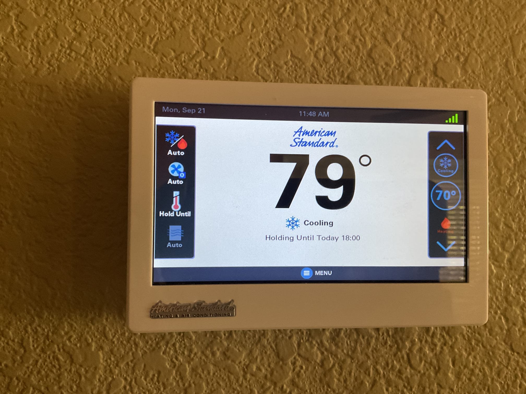 Performed a safety inspection and maintenance on a split heat pump. Checked refrigerant circuit diagnostics, blower motor amp draw and temperature split. Washed outdoor unit, cleared condensate and replaced filter. Thermostat/disconnect: good. System is functioning according to manufacturer specifications. Pre-booked in April for outdoor unit service.