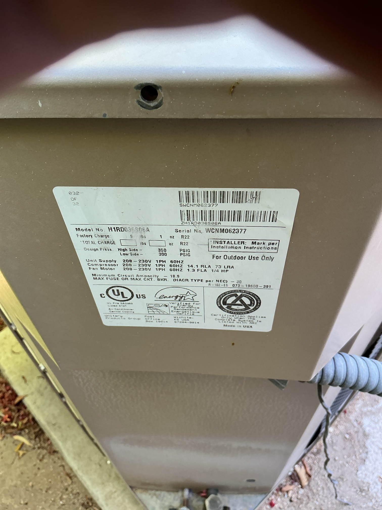 Sold 3 ton unit, American Standard