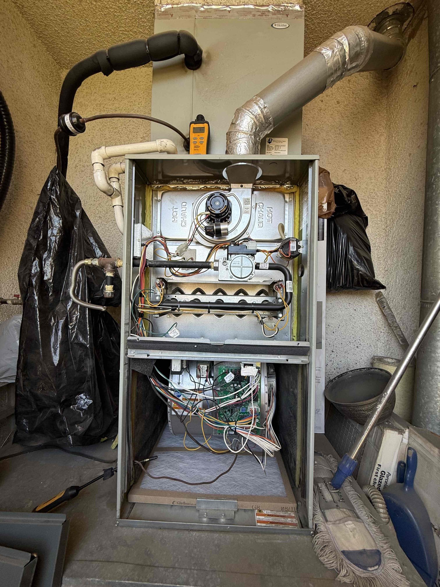 Performed indoor safety maintenance check in heating on a 2015 American Standard Split System. FAU located in balcony mechanical closet. Replaced 20x25 filter located in FAU. Followed sequence of operation and checked inducer fan motor, blower motor amps and voltage, checked capacitor for inducer fan motor, checked resistance across all safety and limit switches. Cleaned out burners furnace. Checked temperature rise. Verified microamps for flame sensor. Verified heating sequence of operation is working properly according to manufacturer specifications. Detected zero carbon monoxide. Honeywell 8000 thermostat checked out operational. System is working properly in heating at this time of service.