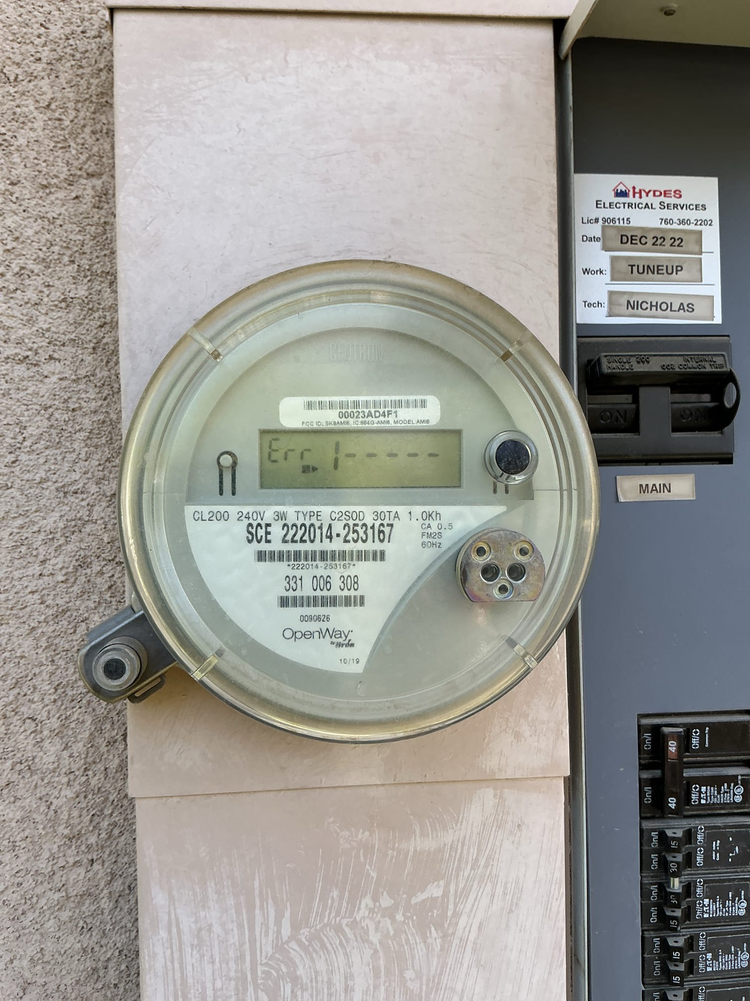 Arrived to troubleshoot non operational landscape lights in backyard and inspect panel as customer is having issues with power outs and the meter reading error message. During inspection of panel I noticed significant discoloration and overheating to the busing of the panel which could be part of the problem with their power issues. I recommended have SCE come out and inspect their meter. Additionally I recommended and provided an estimate to upgrade and change out their panel to a newer and safer main panel. Lastly I discovered some wires underneath the landscape transformers that were not connected correctly, after fixing the issue power was restored to the panel. 