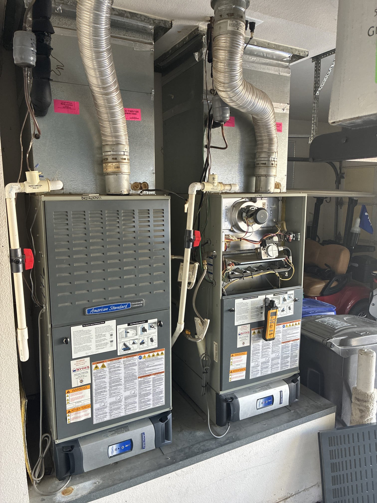 Comfort heater service on two 2011 American standard split systems. Fau located inside the garage. Washed filters and flushed condensate lines. Checked all heater and safety components. Reset filter timer. Water safety switches working. System is properly running.
