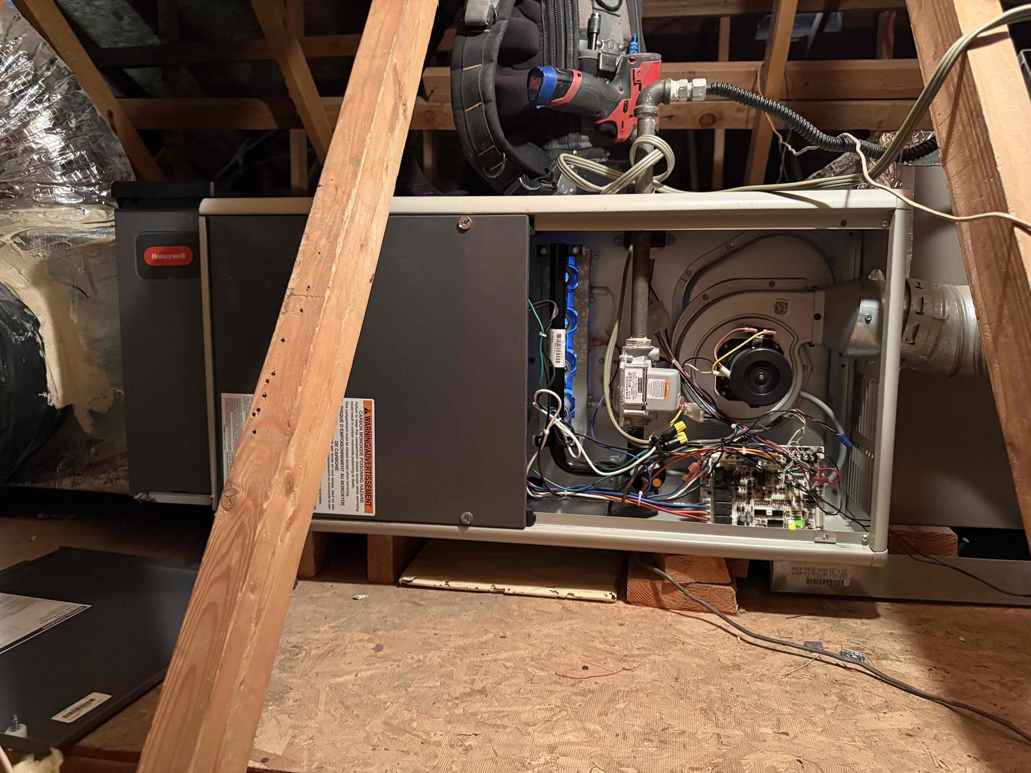 Performed indoor safety maintenance check on a 2016 Maytag furnace and a 15+ year old Lennox furnace. FAUs are located in separate attic access located in hallway and guest bathroom ceiling. Replaced customer supplied media filters located at hallway fau filter cabinet and living room ceiling. Followed sequence of operation and checked inducer fan motor, blower motor amps and voltage, checked resistance across all safety and limit switches. Cleaned out burners furnace. Verified heating sequence of operation is working properly according to manufacturer specifications. Checked and detected zero carbon monoxide. Checked temperature rise. Cleared condensation lines. Felt air leaking out of Maytag coil, sealed air gaps with sealant tape. Nest thermostats checked out operational. Both systems are working properly at this time of service. 