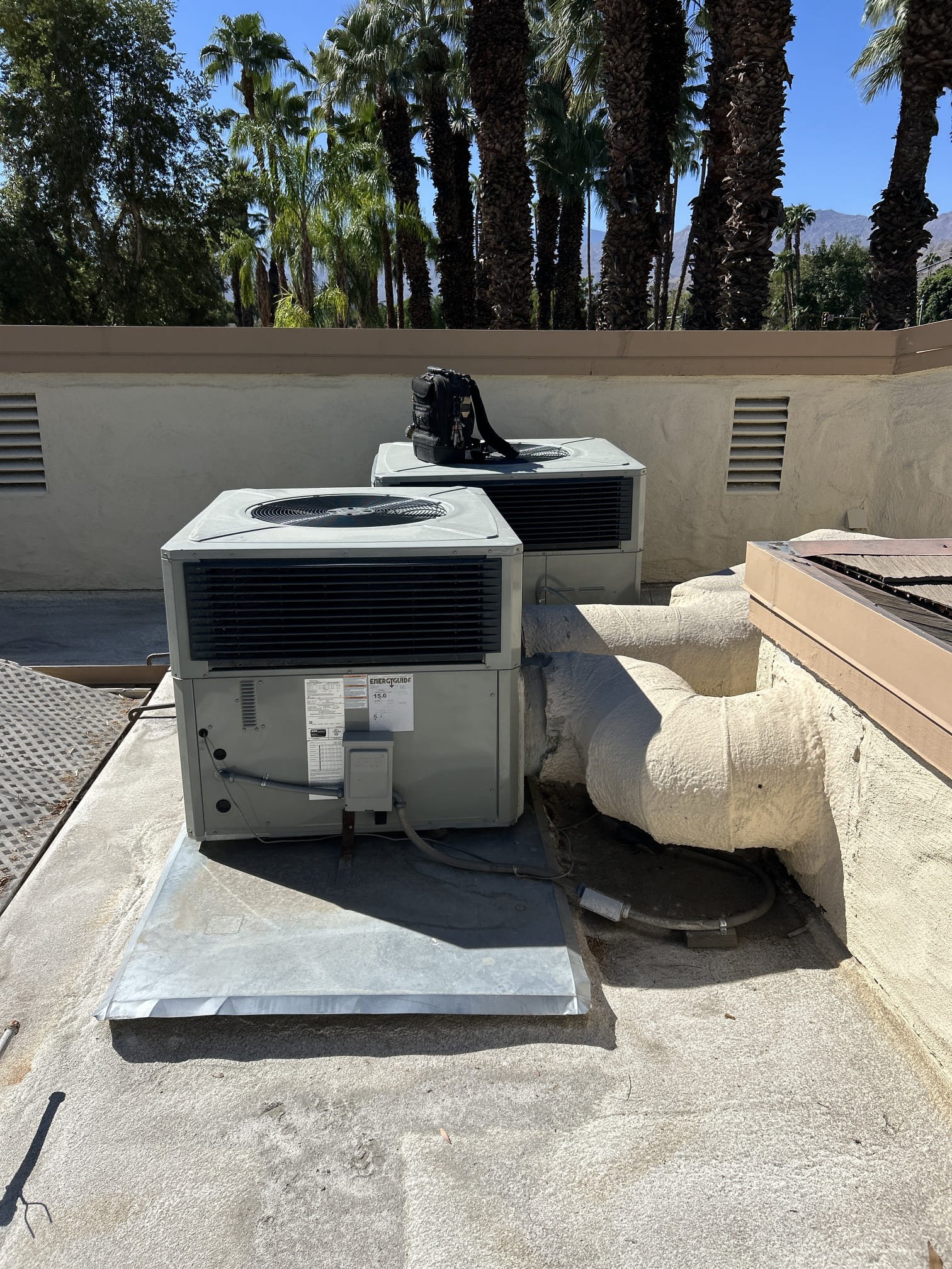Performed annual maintenance on two 2024 American standard rooftop package heat pumps. Changed 1825 and 20 x 20 filters. Check amps, volts, capacitor and cleaned electrical compartment. Check refrigerant levels, super heat, sub, cool, and temperature splits/rise cycled system and heat to ensure reversing valve is operating properly. Both systems are operating and cooling/heating properly. 