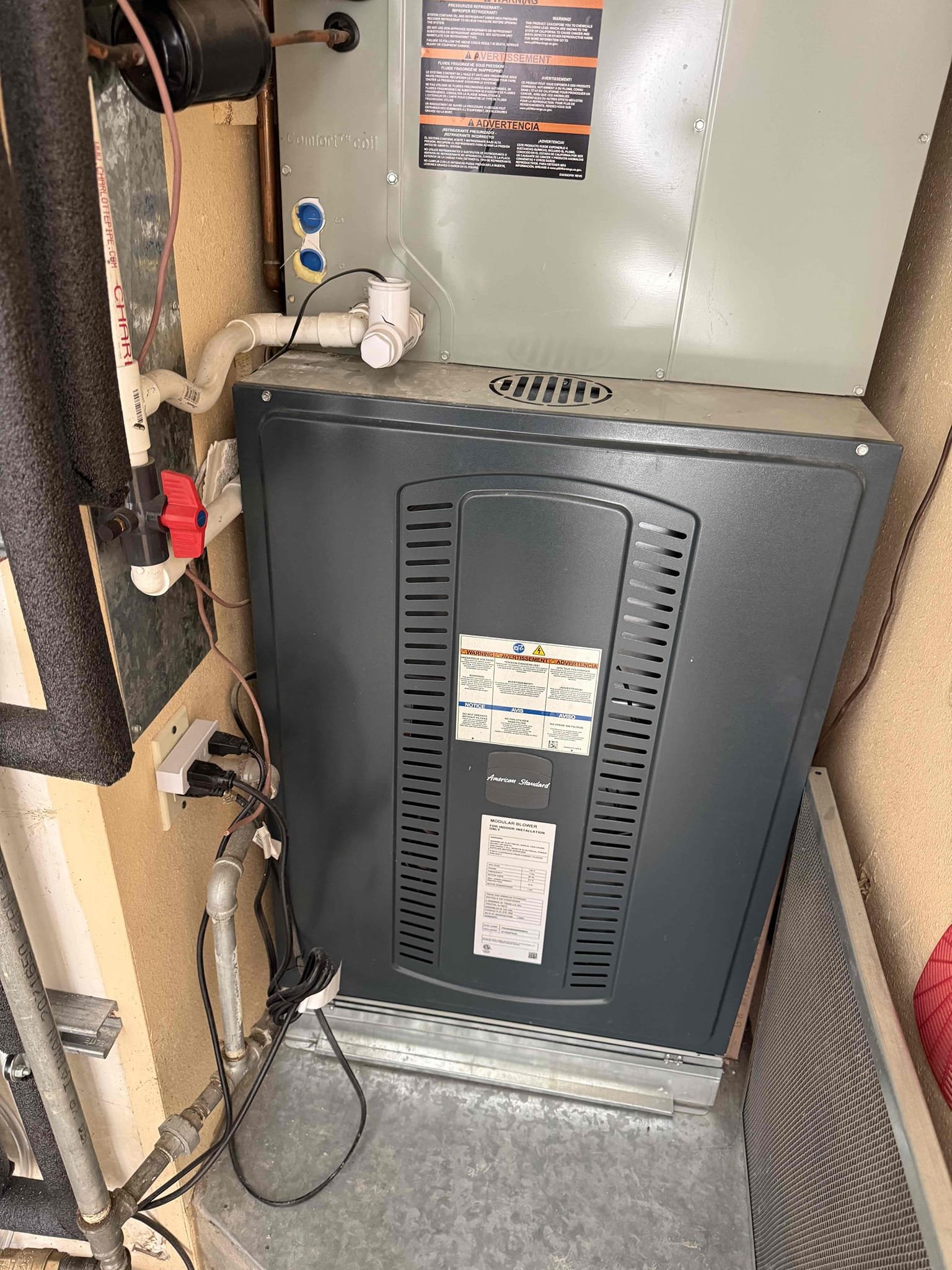 Performed indoor/outdoor safety maintenance check on a 2021 American Standard Platinum heat pump. Replaced 24x24 filter located in filter rack. Upflow fau is located in indoor closet, cleared condensation line from clear out valve. Followed sequence of operations and checked voltage, amperage, temperature rise/split, refrigerant levels, found no error codes on CDA, and courtesy rinsed condenser coils. 1050 thermostat checked out operational. System is working properly at this time of service. Client renewed HFCP paid via CC.