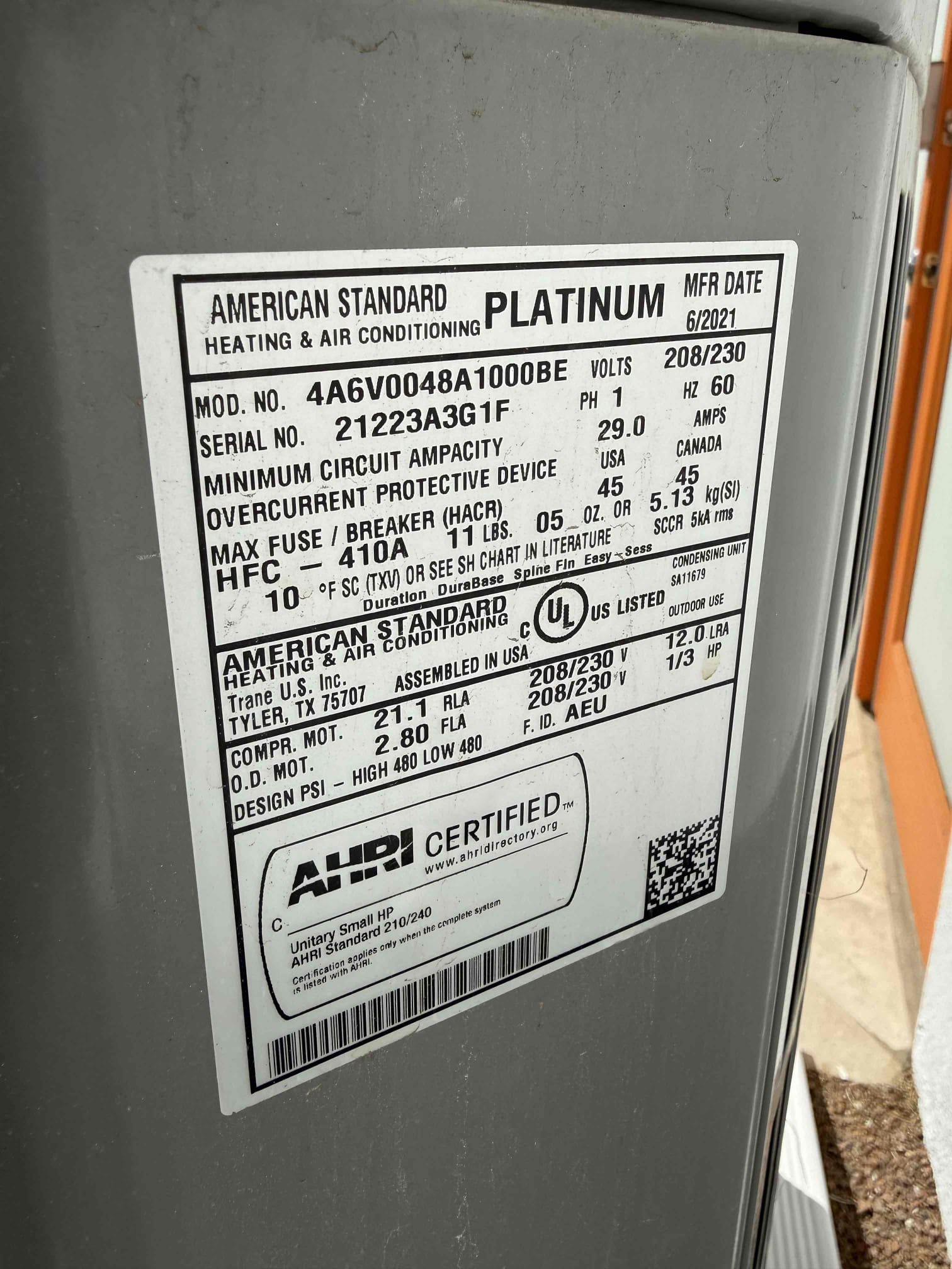 Performed indoor/outdoor safety maintenance check on a 2021 American Standard Platinum heat pump. Replaced 24x24 filter located in filter rack. Upflow fau is located in indoor closet, cleared condensation line from clear out valve. Followed sequence of operations and checked voltage, amperage, temperature rise/split, refrigerant levels, found no error codes on CDA, and courtesy rinsed condenser coils. 1050 thermostat checked out operational. System is working properly at this time of service. Client renewed HFCP paid via CC.