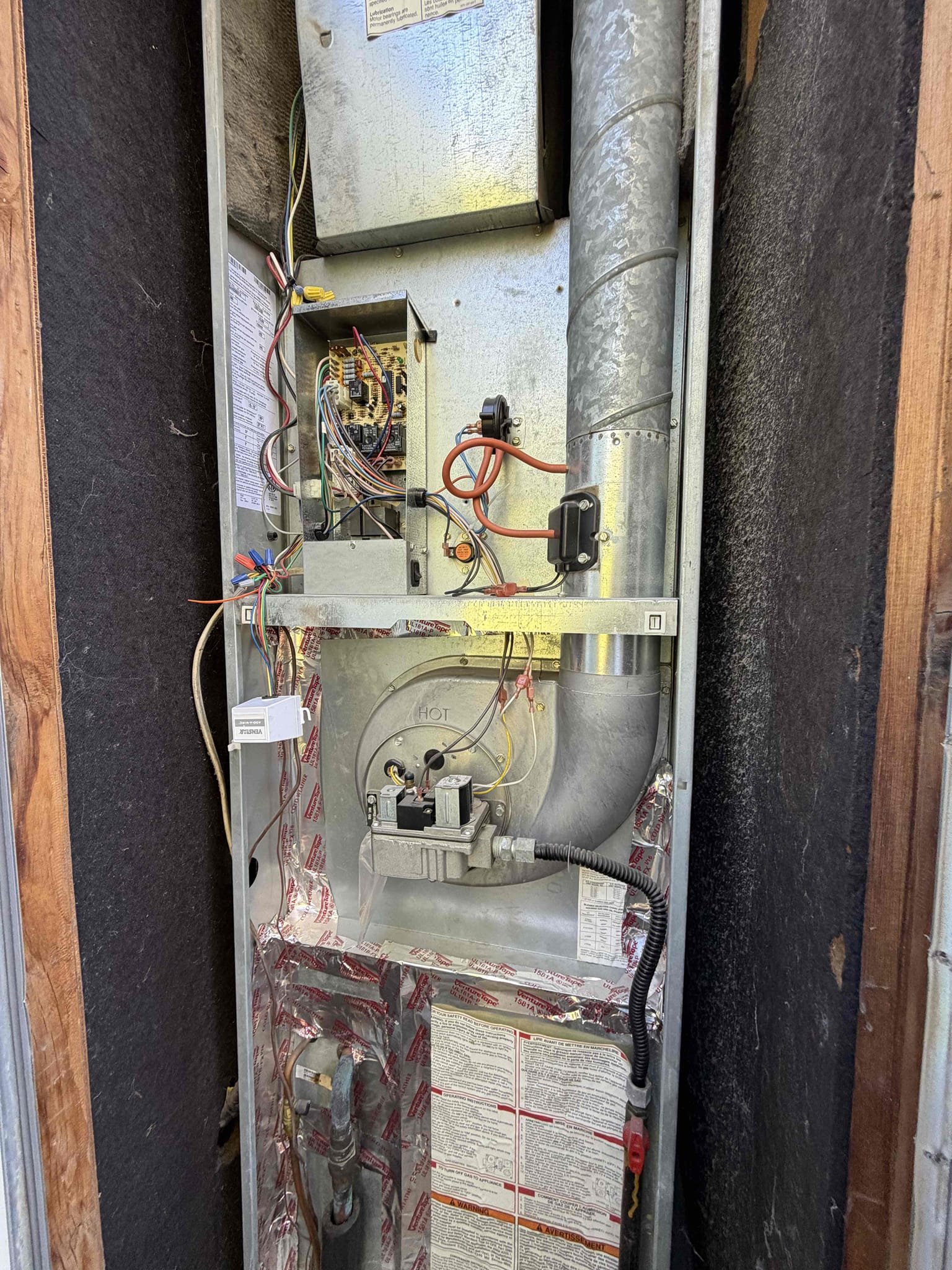 Performed an indoor and outdoor safety maintenance down flow split system, Filters located inside the unit, fau located on outdoor hallway closet, condenser on backside of house, changed filter, flushed condensation line through jones valve, on fau followed sequence of operation, checked for amperage and voltage, checked for blower speed, check for any loose connections, check for temperature rise, everything within range also cleared dust accumulated   inside electrical component. System is working within specification in heating and cooling at the time of maintenance.