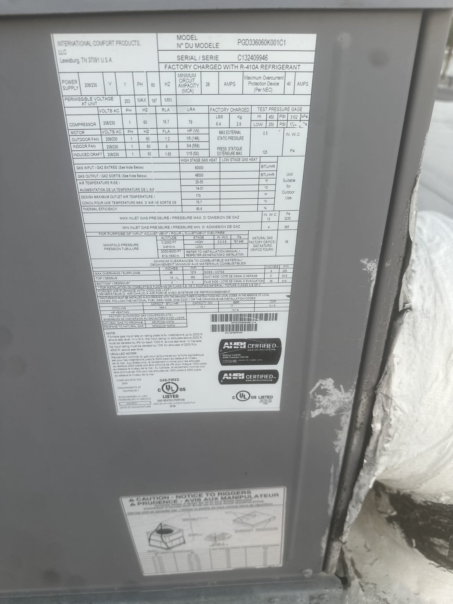 Demand Call – Package Unit Not Operating
Equipment Information
Manufacturer: International Comfort Products (ICP)
Model: PGD336060K001C1
Serial Number: C132409946
Year: 2013
Refrigerant: R-410A
Diagnostic Findings
Upon arrival, the member stated that the equipment was not operating. During inspection, multiple issues were discovered.
Found equipment wiring disconnected. Reconnected and reconfigured wiring to restore operation and allow further diagnosis.
Further inspection revealed that the indoor blower motor and housing were not properly secured to the equipment frame. The blower motor capacitor was also found hanging unsecured.
The blower motor was found to be seizing, and the blower wheel fins were loose and damaged. The condition of the blower assembly may be related to the housing not being properly secured to the equipment frame.
The equipment had also previously required additional refrigerant, indicating a possible refrigerant leak within the system.
Recommendations and Member