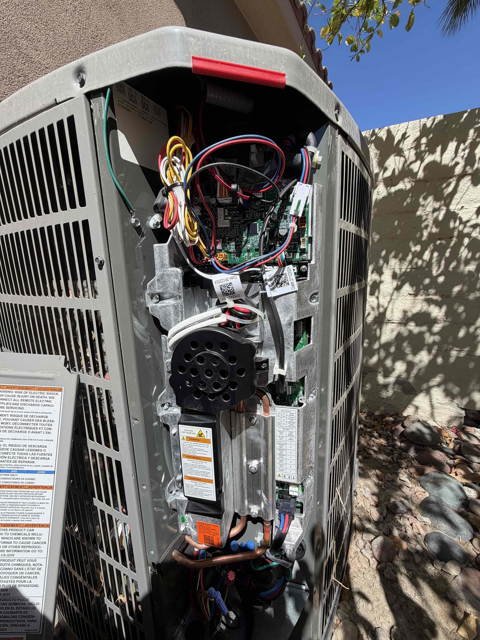 Performed an outdoor safety maintenance on a 2025 American Standard condenser, condenser located on left side of home, filter located throughout house ceiling, fau located in attic, changed 20x25 & 14x14 filter, flushed condensation line, check for thermostat, on condenser check for amperage and voltage, check for compressor, check for freon level, check for capacitors, check for disconnect box everything within range also clear out dust accumulated inside electrical component area and rinsed condenser coil. System is working within specification in cooling at the time of maintenance.