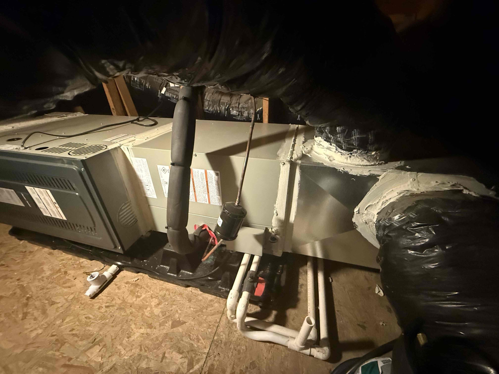 Performed indoor unit maintenance on 2026 American Standard split heat pump. Honeywell T6 pro thermostat working properly. Replaced 16x30 and 14x14 ceiling filters. Cleared condensation drain from jones valve. Cleaned off mechanical platform. Cleaned out electrical compartment. Checked blower motor amps, heat rise, voltages. Inspected supply and return ducting. System is heating properly at time of maintenance. Notes