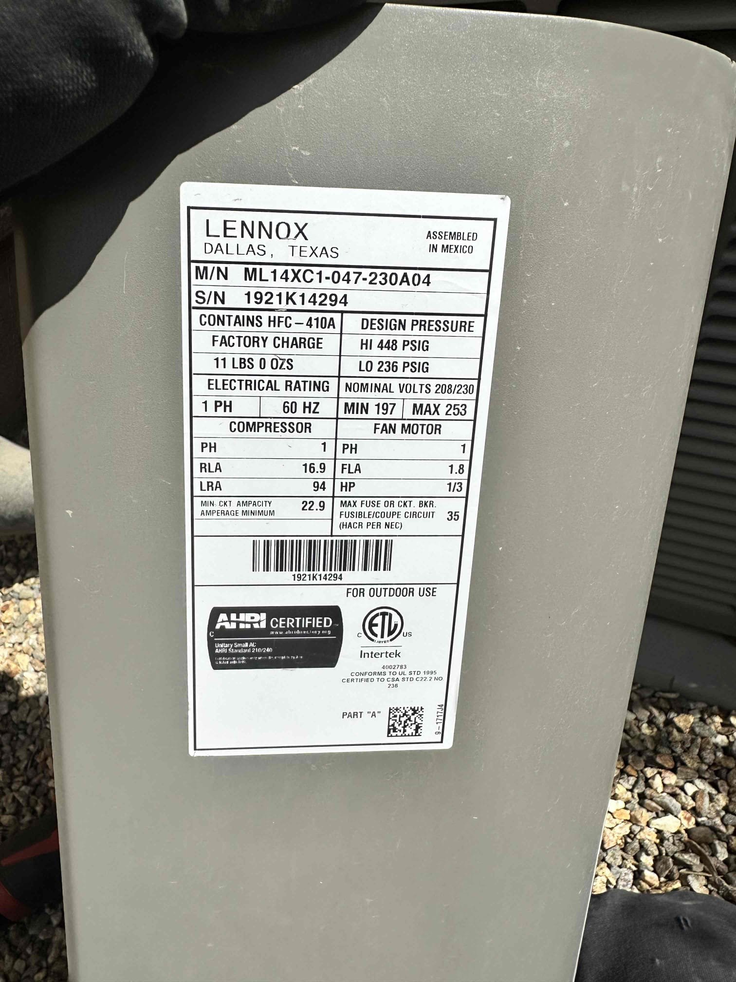 Rancho Mirage, CA - Performed annual maintenance in cooling on a Lennox split followed sequence of operation Changed 2 20x30 and 20x20 filters checked amps on compressor and condenser fan motor pressures working at range checked capacitor out of range checked starting amps are high recommend replacing capacitor and installing compressor saver cleared condensation line rinsed condenser down unit is working to manufacture specification in cooling 