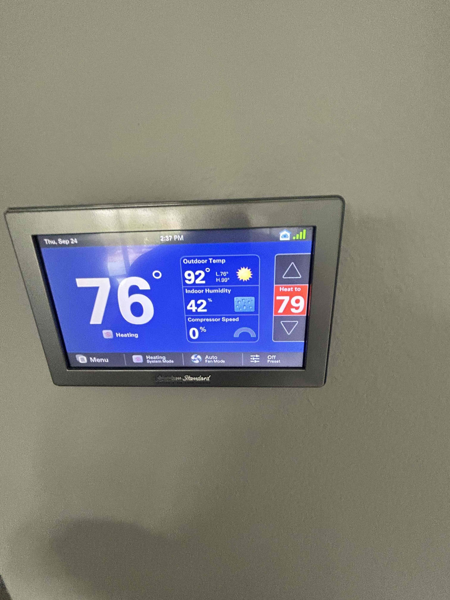 Performed annual maintenance on a 2017 American Standard Platinum Series split system. Changed out the 20 x 30 filter located in the hallway. Checked the 1050 thermostat; system was calling for heating and indicating no active alerts.

Followed sequence of operations and checked the gas valve, igniter, and safety switches. Cycled the system into cooling and checked compressor amperage, fan motor amperage, and system alerts. Washed down the condenser coil thoroughly. Cleared the condensate line to ensure proper drainage.

System is operating properly at the completion of service.