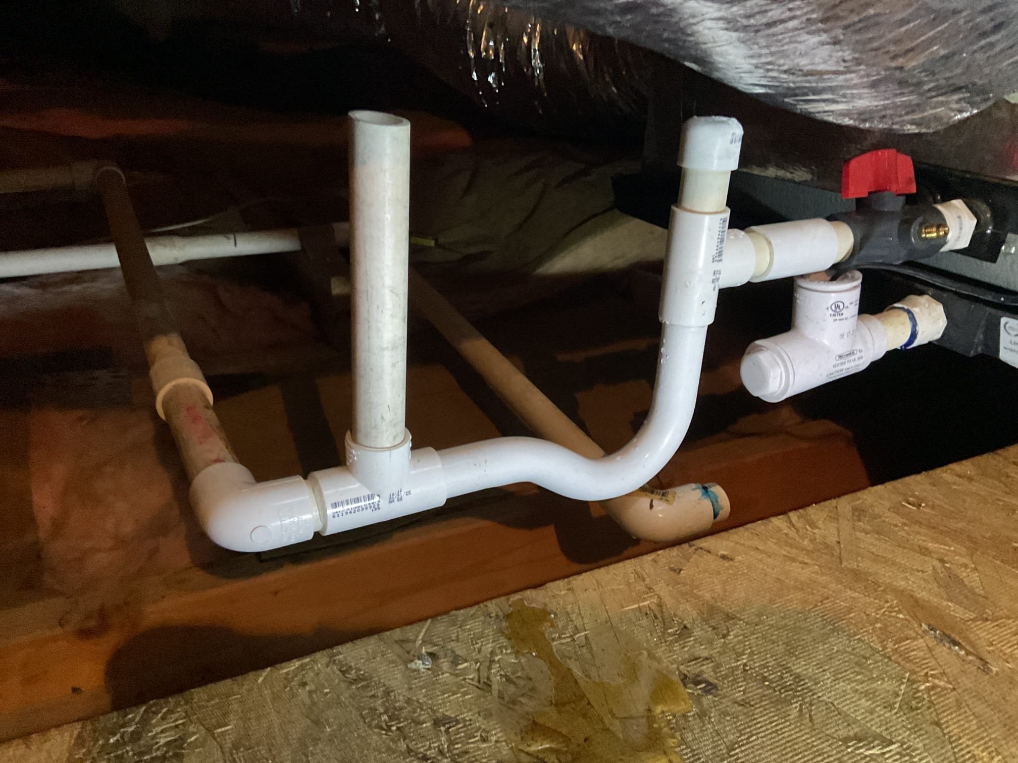 Rebuilt P-trap on primary condensate line. Filled P-trap with water and tested. Drained water from drain pan to reactivate float safety switch. Client paid via C. C.