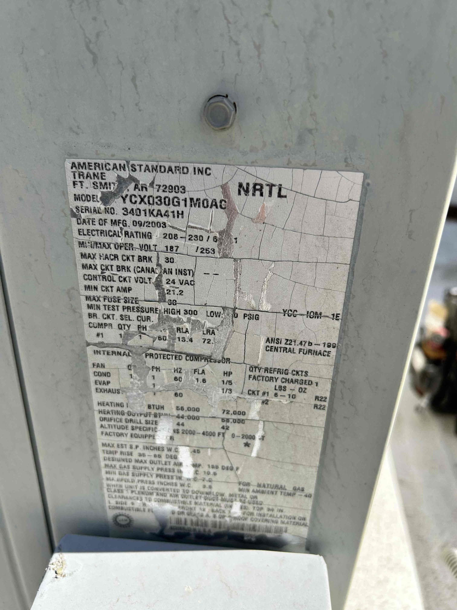 Performed annual maintenance on two 2003 American Standard package units.

* Changed filters throughout the house.
* Inspected both units for proper operation.
* Checked gas valves, flame ignition, and safety switches.
* Checked blower capacitors and verified capacitor ratings.
* Cycled both systems and checked compressor operation, amperage, and capacitors.
* Inspected wiring; no signs of burnt or damaged wires found.
* Checked control boards; no alerts or fault indications present.
* Cleared and cleaned both condensate drain lines and verified proper drainage.
* Inspected system components and confirmed proper operation.
* Systems are operating appropriately at this time.

Customer is enrolled in and has already paid for the Comfort Plan.     Client is aware of the age of both systems.