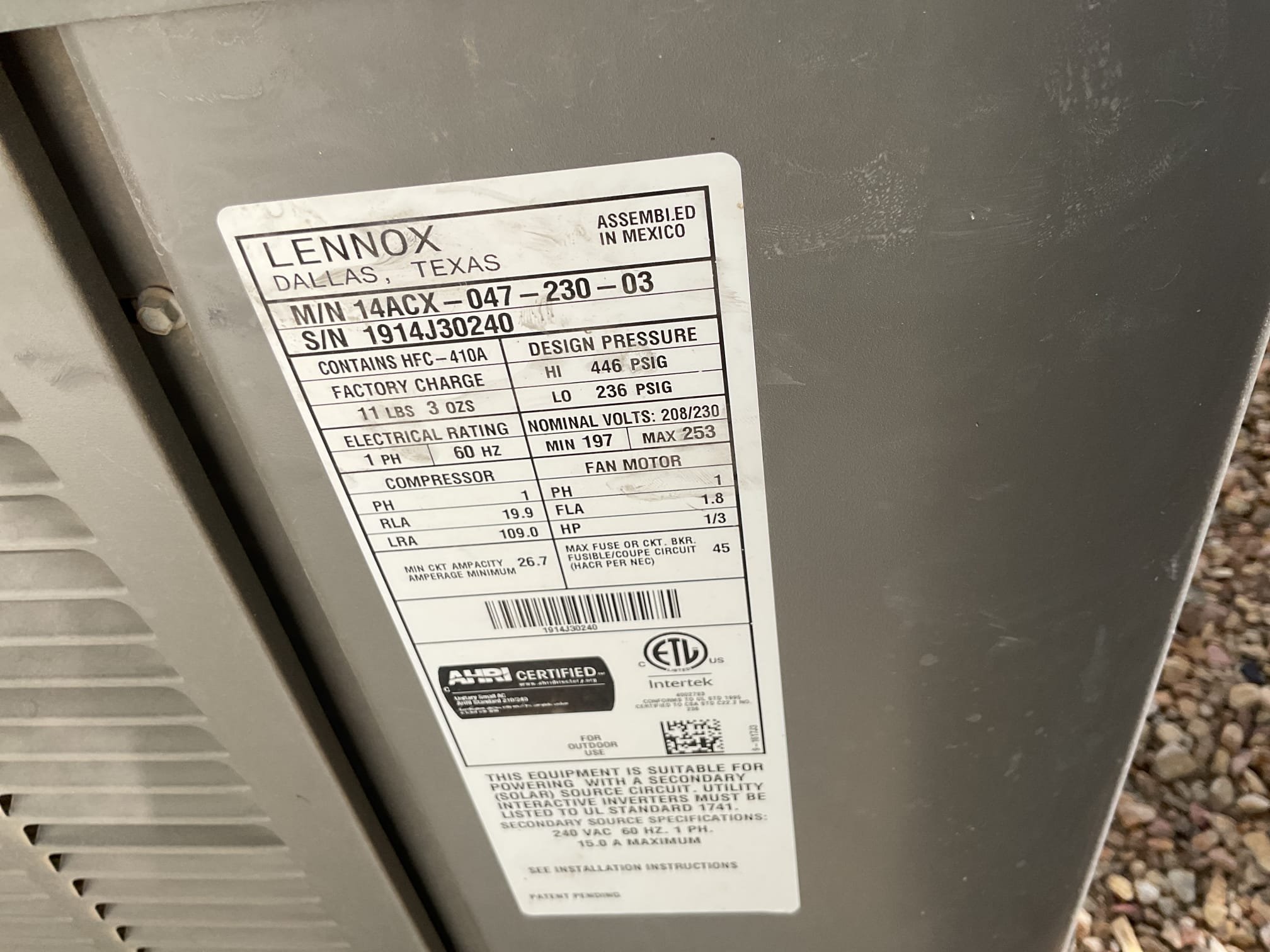 La Quinta, CA - Indoor unit safety inspection and maintenance. Gas furnace installed in the garage executed the sequence of operation in heating, with no carbon monoxide detected in the home. Replace filter at filter rack. ECM blower motor. Check static pressure and blower motor amp draw with temperature heat rise. Thermostat/disconnect box: good. System is functioning according to manufacturer specifications.