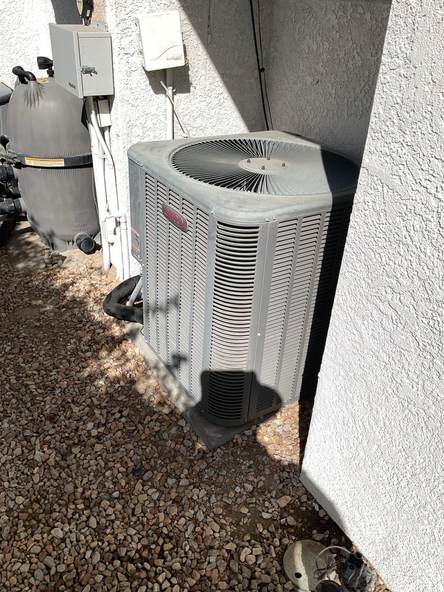 La Quinta, CA - Indoor unit safety inspection and maintenance. Gas furnace installed in the garage executed the sequence of operation in heating, with no carbon monoxide detected in the home. Replace filter at filter rack. ECM blower motor. Check static pressure and blower motor amp draw with temperature heat rise. Thermostat/disconnect box: good. System is functioning according to manufacturer specifications.