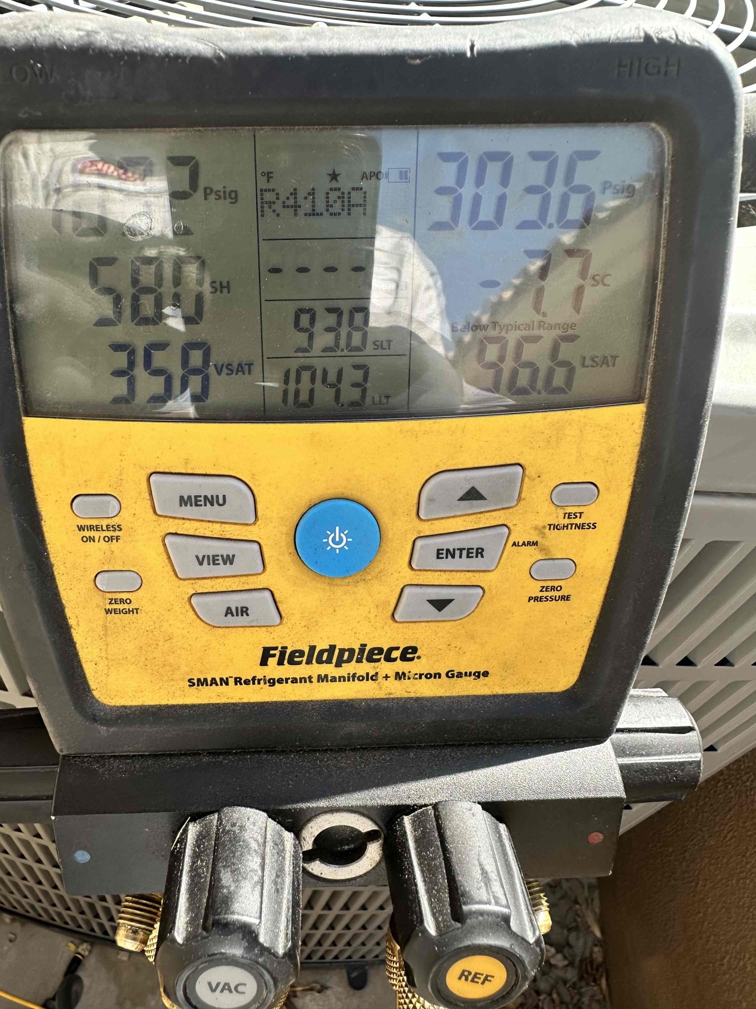 After Diagnostic found system low on Freon advised on leak search and replacement due to age of system plane is gonna talk to husband about our options