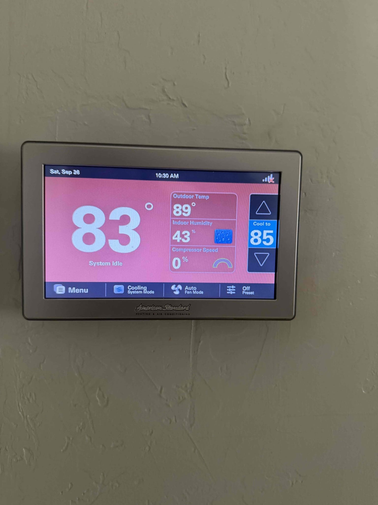 Performed an outdoor safety maintenance on a 2022 American Standard split condenser, condenser located on backside of home, filter located in  house ceiling no ladder needed, fau located in hallway closet, changed 20x20, flushed condensation line, check for thermostat, on condenser check for amperage and voltage, check for compressor, check for freon level, check for capacitors, check for disconnect box everything within range also clear out dust accumulated inside electrical component area and rinsed condenser coil. System is working within specification in cooling/heating at the time of maintenance.