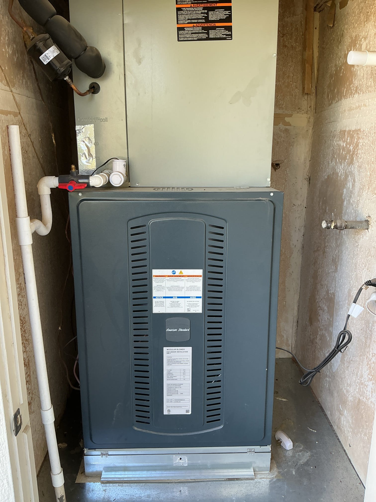 Preformed an indoor and outdoor safety maintenance on an American standard platinum furnace, Filters located inside filter rack, fau located outside closet near front door, changed 24x24 filter, flushed condensation line through jones valve, on fau followed sequence of operation, checked for amperage and voltage, checked for blower speed, check for any loose connections, check for temperature rise, check for any error codes or alerts everything within range also cleared dust accumulated inside electrical component. System is working within specification in heating/cooling at the time of maintenance.
