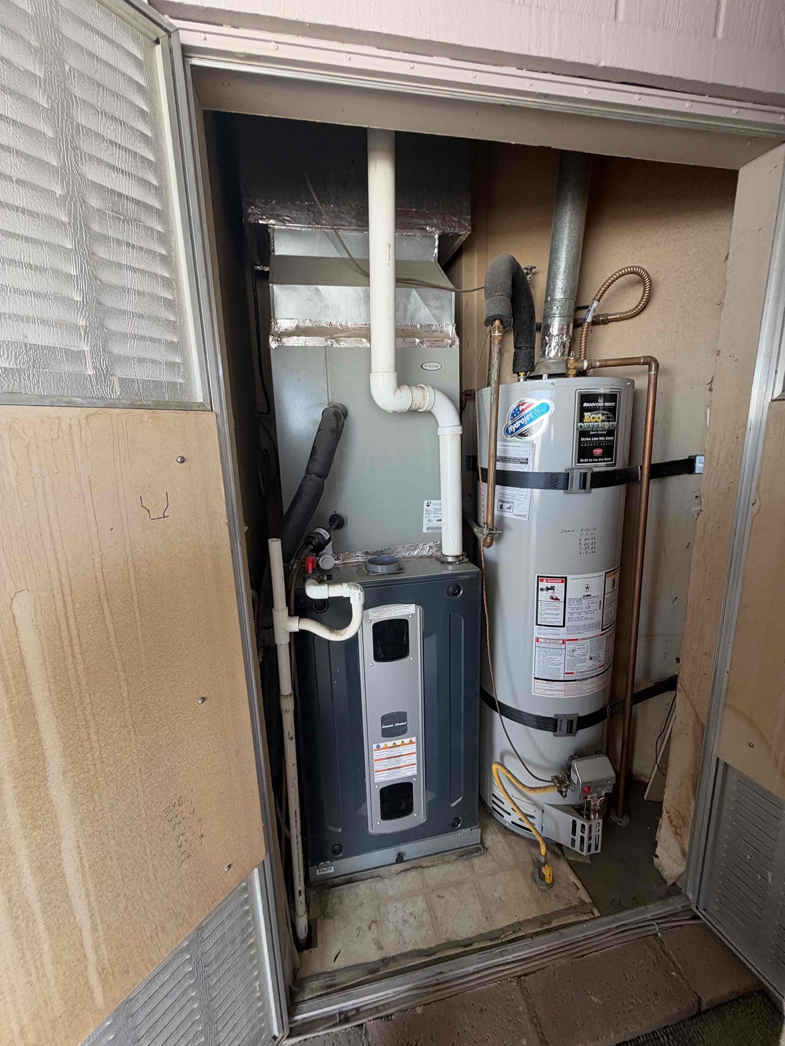 Maintenance on an American Standard silver series upflow split system. FAU located in a closet by parking 20 x 25 filter located at FAU. Condensation lines cleared filter changed. Honeywell thermostat working properly. Verified all electrical and safety. Check system sequence of operation. Check inducer motor amps, checked pressure switch, checked, capacitor, checked flame sensor and igniter, check 24 V on gas valve. System is working per manufacture spec. Both indoor and outdoor unit have surge protector.