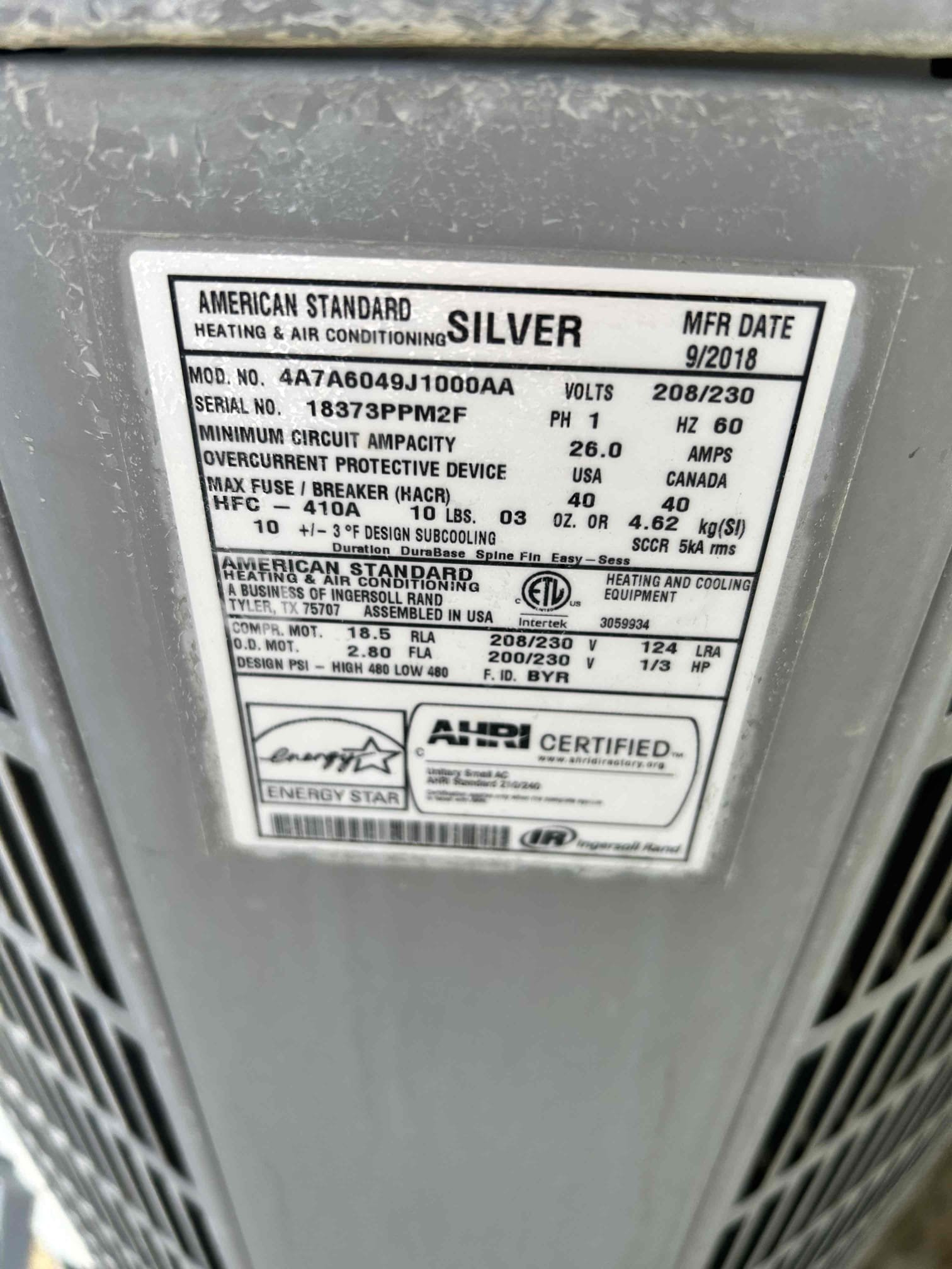Performed annual maintenance on the 2017 American Standard 4-ton split-system.

* Washed and cleaned the filter located in the laundry-room indoor closet.
* Inspected indoor blower motor, roll out switches, flame igniter and verified proper operation.
* Cycled the system through cooling operation.
* Checked compressor operation, startup amperage, and run amperage.
* Tested the compressor start components and capacitor.
* The existing start kit was found to be out of manufacturer specifications. Recommend replacing the start kit. A replacement kit will be recommended and sent via email for approval.
* Recommend installing a water safety/float switch to help prevent condensate overflow and potential water damage from a clogged drain or condensate backup.
* Cleared and verified proper operation of the condensate drain system.
* System is currently operating properly and meeting service requirements at the time of inspection.