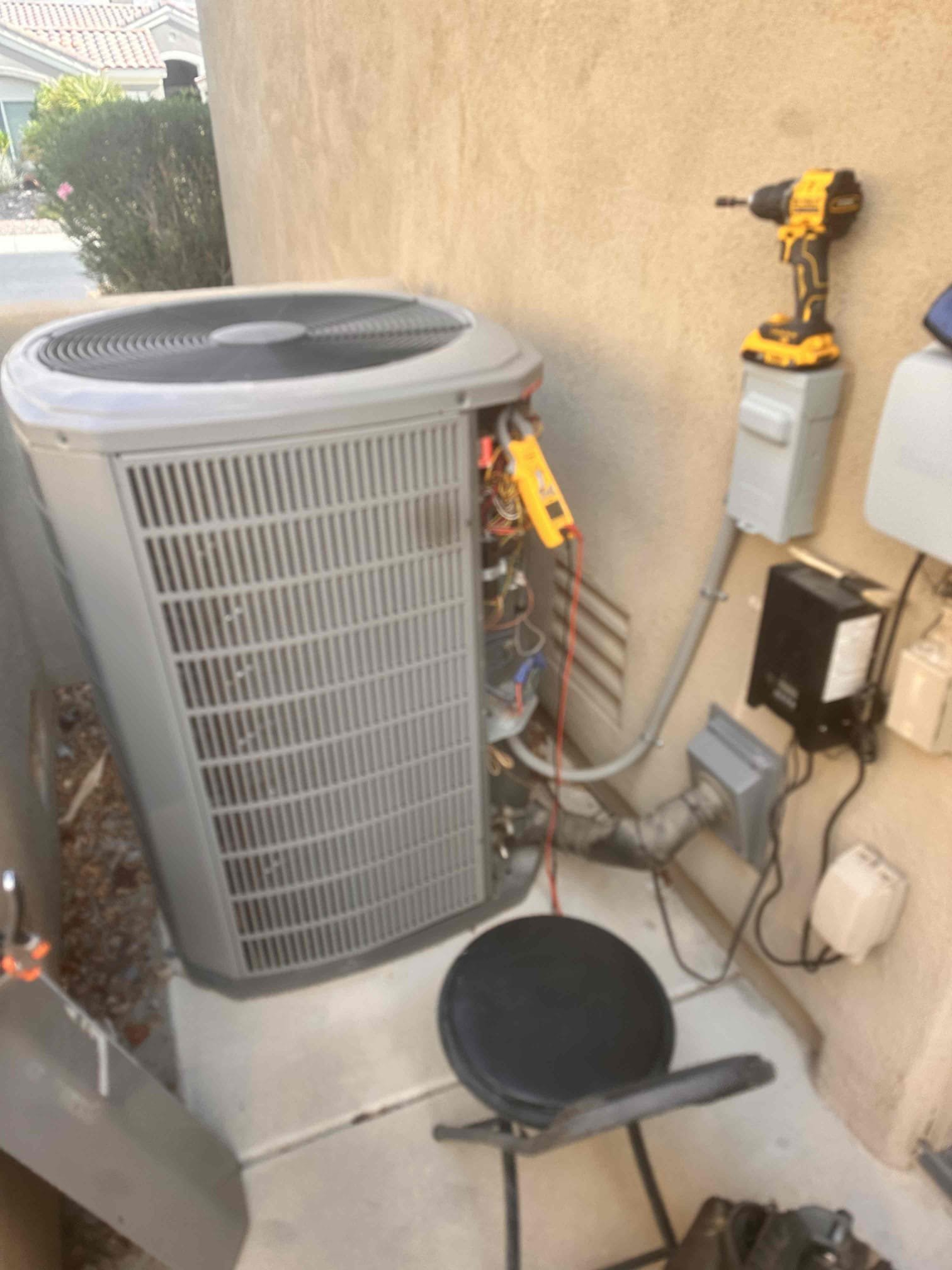 Maintenance & Safety Check – Indoor/Outdoor Equipment

Performed maintenance and safety check on the indoor equipment. The indoor equipment is an American Standard/Trane air handler, manufactured 12/2021, model P0V0C000M50SCAA, serial 214860E1JG, located in the garage.

Replaced the 20 × 25 filter located in the filter rack. Cleared the condensate drain line at the Jones valve and verified proper drainage. Cycled the equipment in cooling and verified the temperature split. Refrigerant levels were checked and found within operating specifications.

Inspected and verified electrical components and connections. Checked the rectifier for second-stage cooling and tested the start and run capacitors. Cycled the equipment through heating operation and verified proper sequence and electrical operation.

The outdoor equipment is an American Standard Gold, manufactured 09/2021, model 4A6H7060A1000DC, serial 21373ADR1F. Washed the condensing coil and verified outdoor equipment operation. Thermost