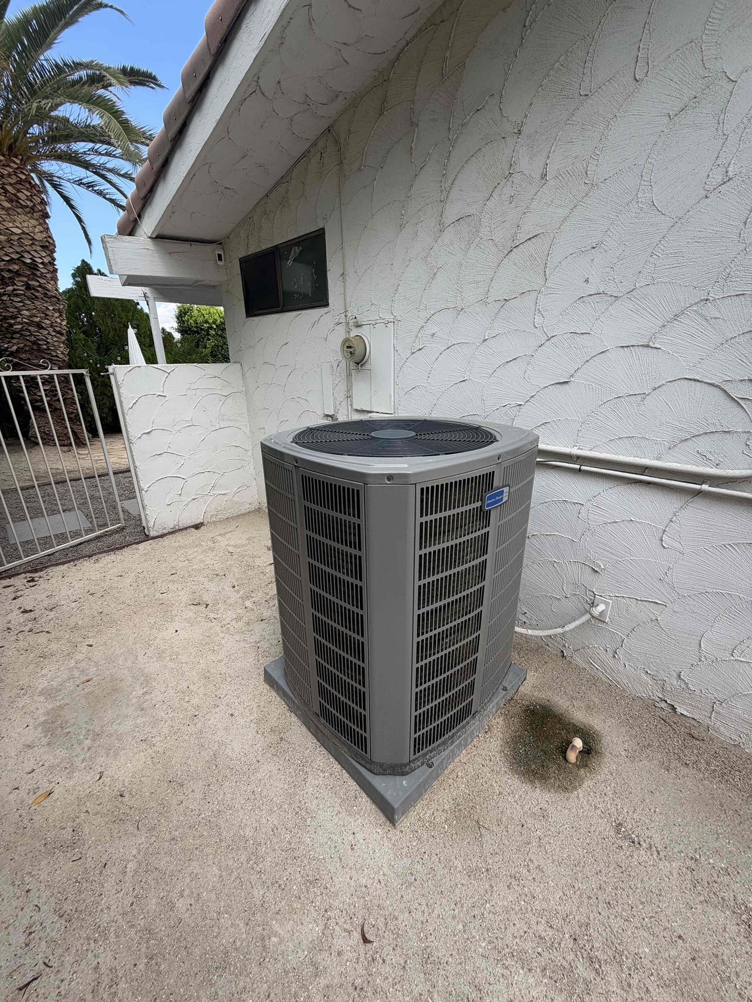 Maintenance on an American Standard gold series 5 ton upflow heat pump. FAU located in the closet by the hallway 24 x 24 at FAU. Condensation line is cleared filters changed. Verified all electrical safety. Checked system sequence of operation. Honeywell thermostat working properly. Checked amperage draw, checked compressor amps, checked fan motor amps, checked capacitor, checked breaker, checked compressor kit, checked Freon and temperature split. System is working at time of maintenance. Home is heating properly.